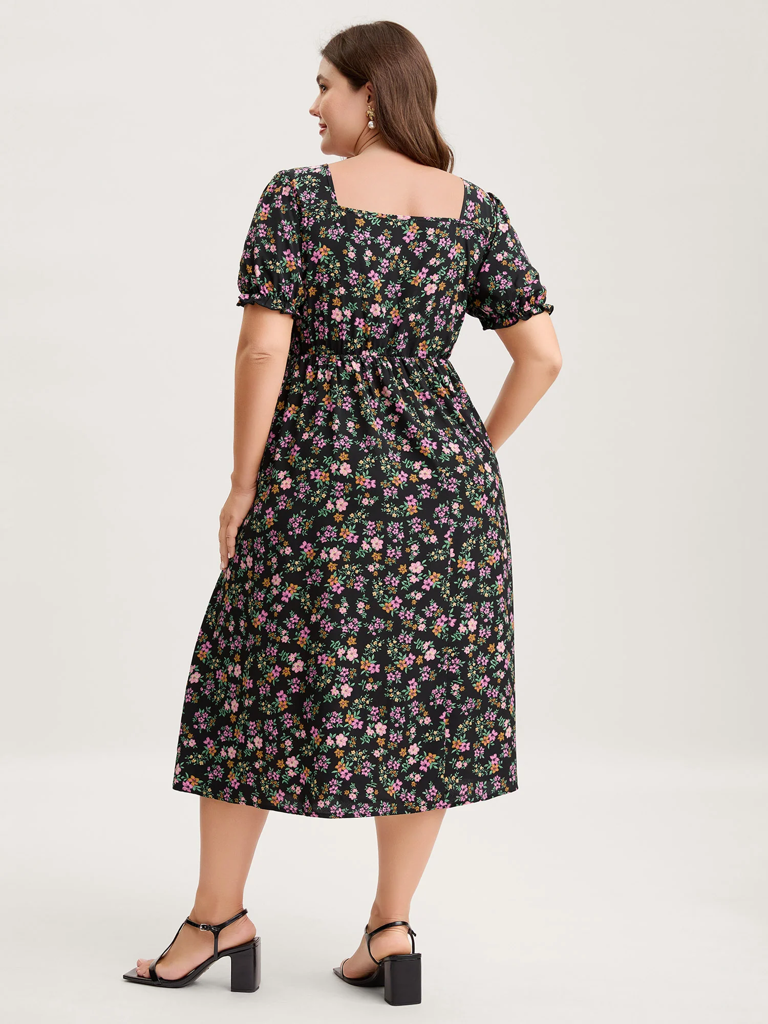 Floral Shirred Bodice Contrast Midi Dress - Image 4