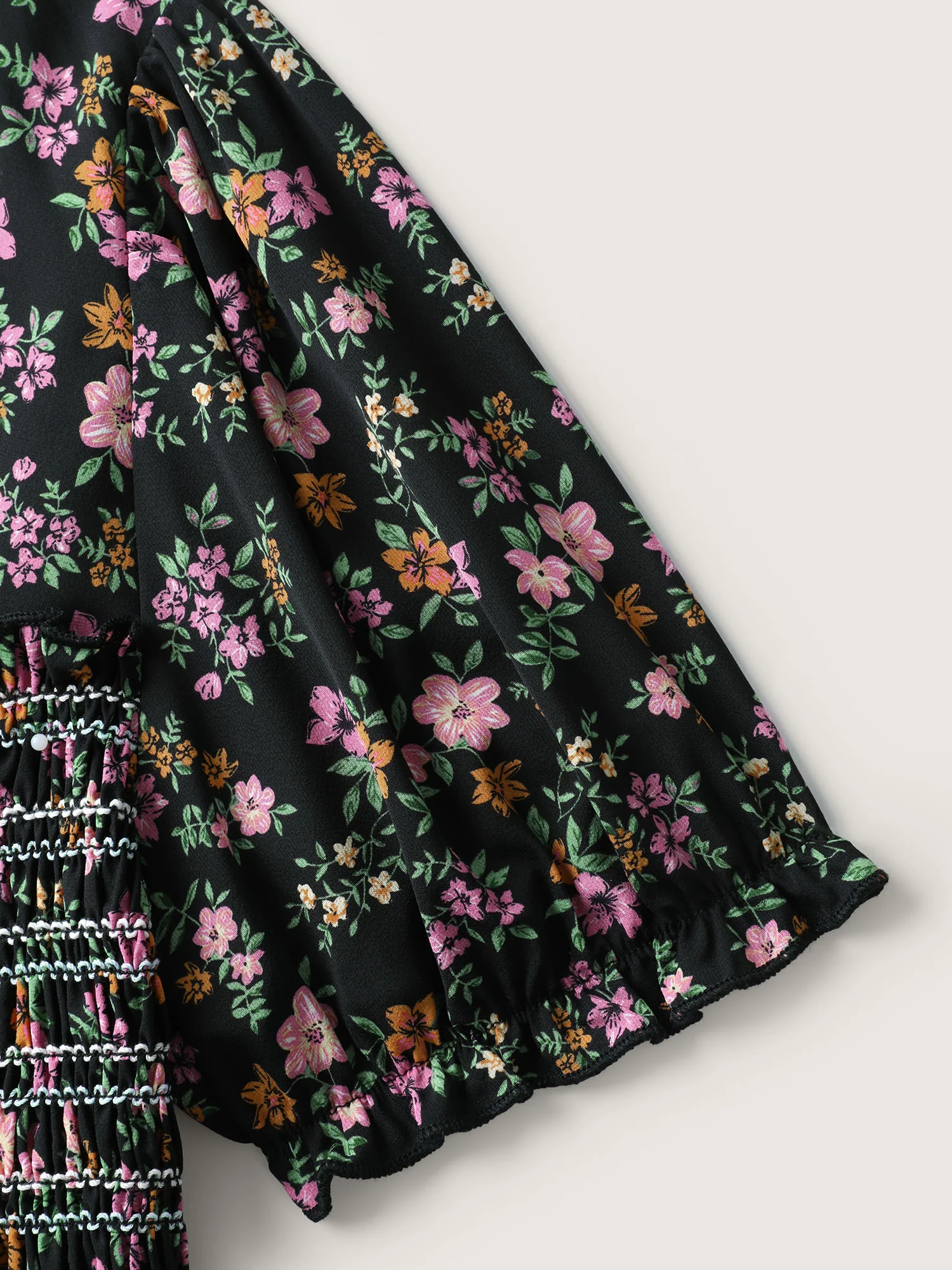 Floral Shirred Bodice Contrast Midi Dress - Image 6
