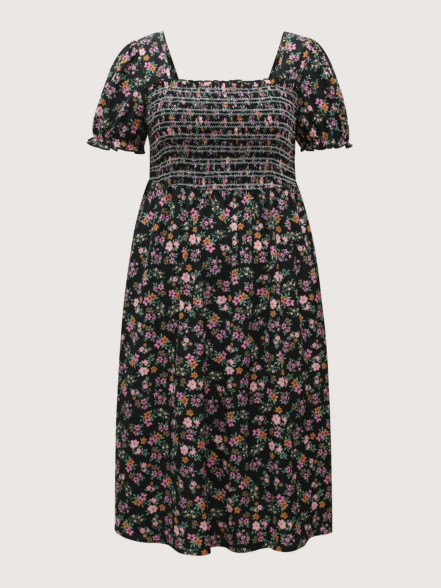 Floral Shirred Bodice Contrast Midi Dress - Image 7