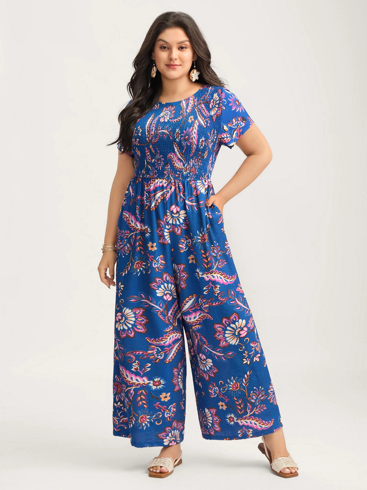 Floral Shirred Bodice Pockets Jumpsuit - Image 3