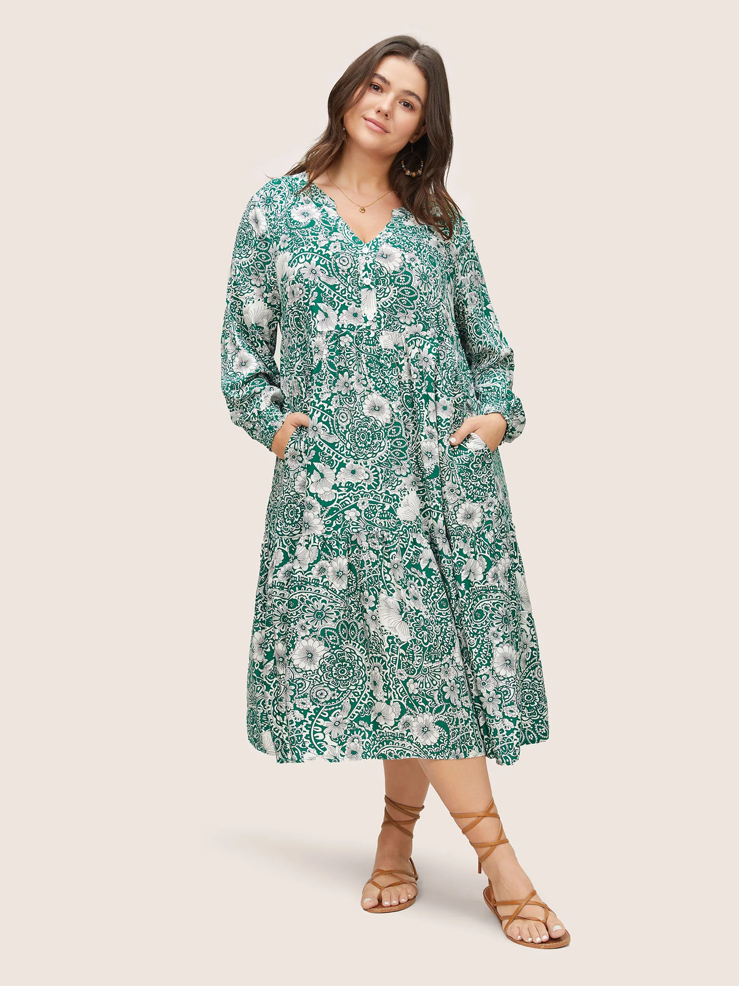 Floral Shirred Button Detail Lantern Sleeve Dress - Image 2