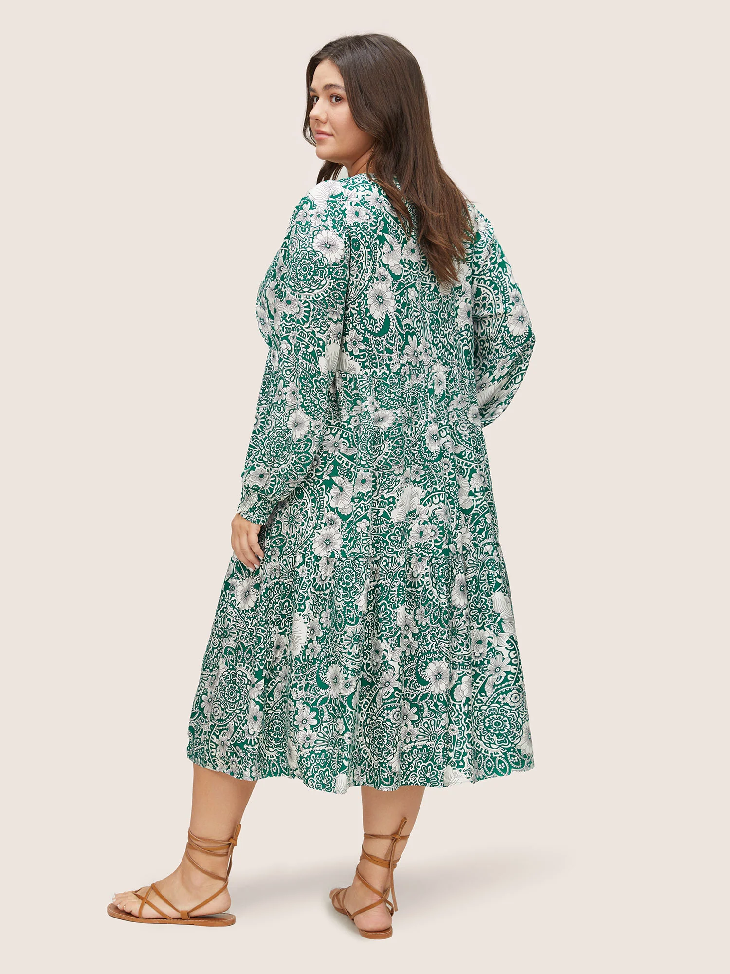 Floral Shirred Button Detail Lantern Sleeve Dress - Image 3