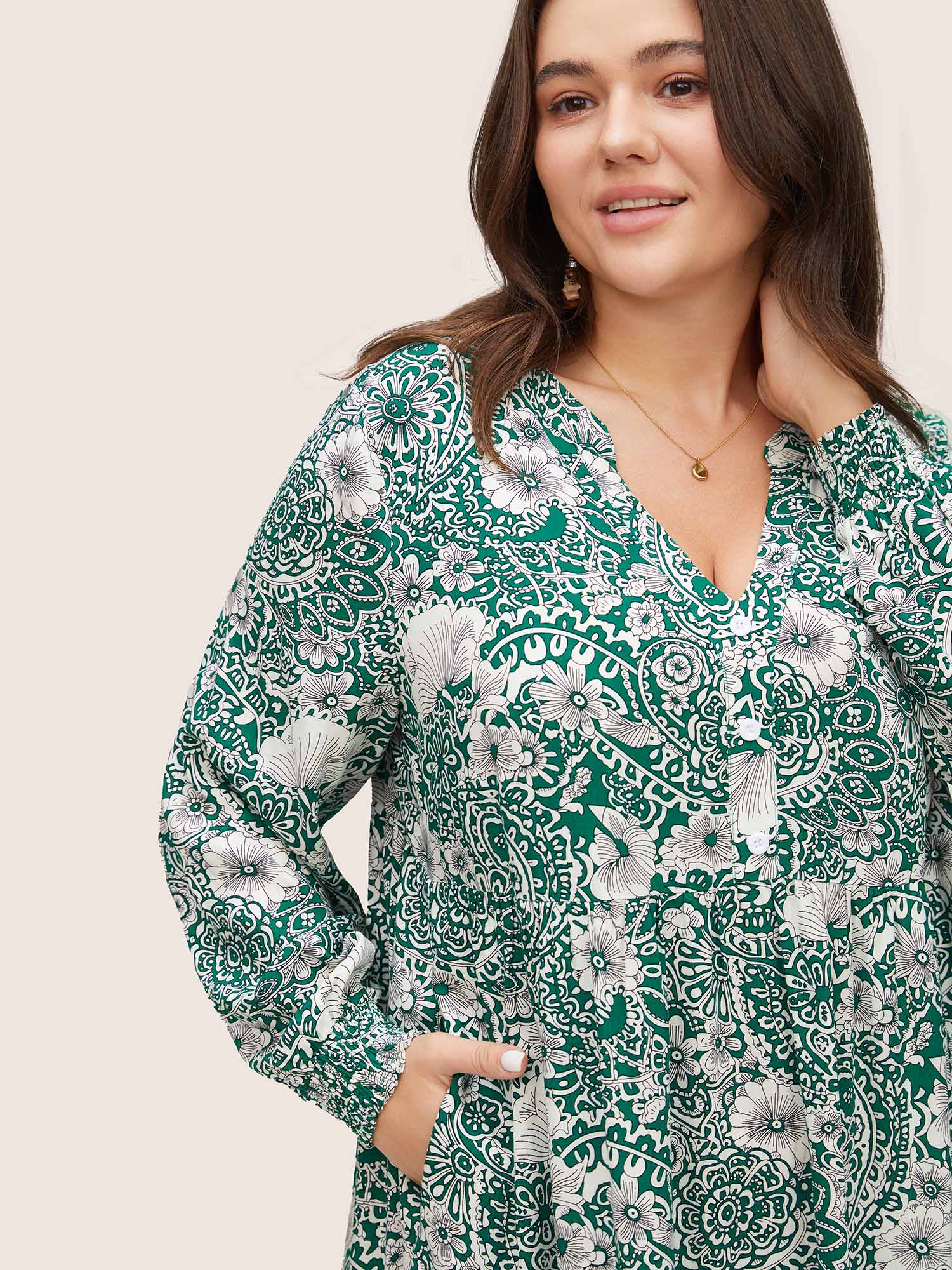 Floral Shirred Button Detail Lantern Sleeve Dress - Image 4