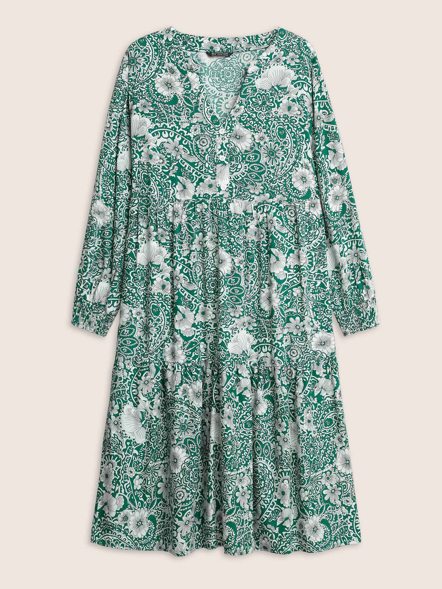Floral Shirred Button Detail Lantern Sleeve Dress - Image 7