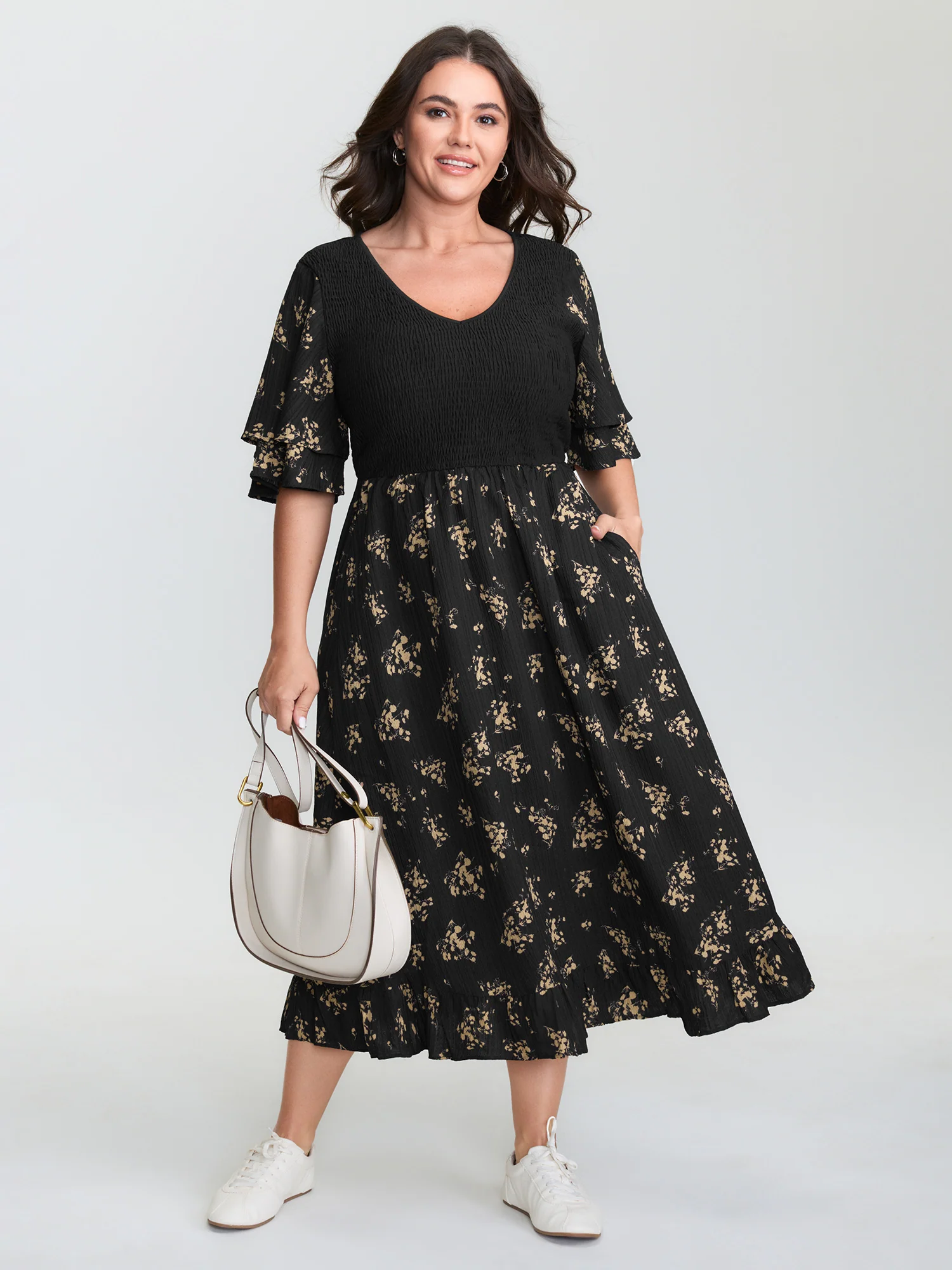 Floral Shirred Color Contrast Midi Dress - Image 3