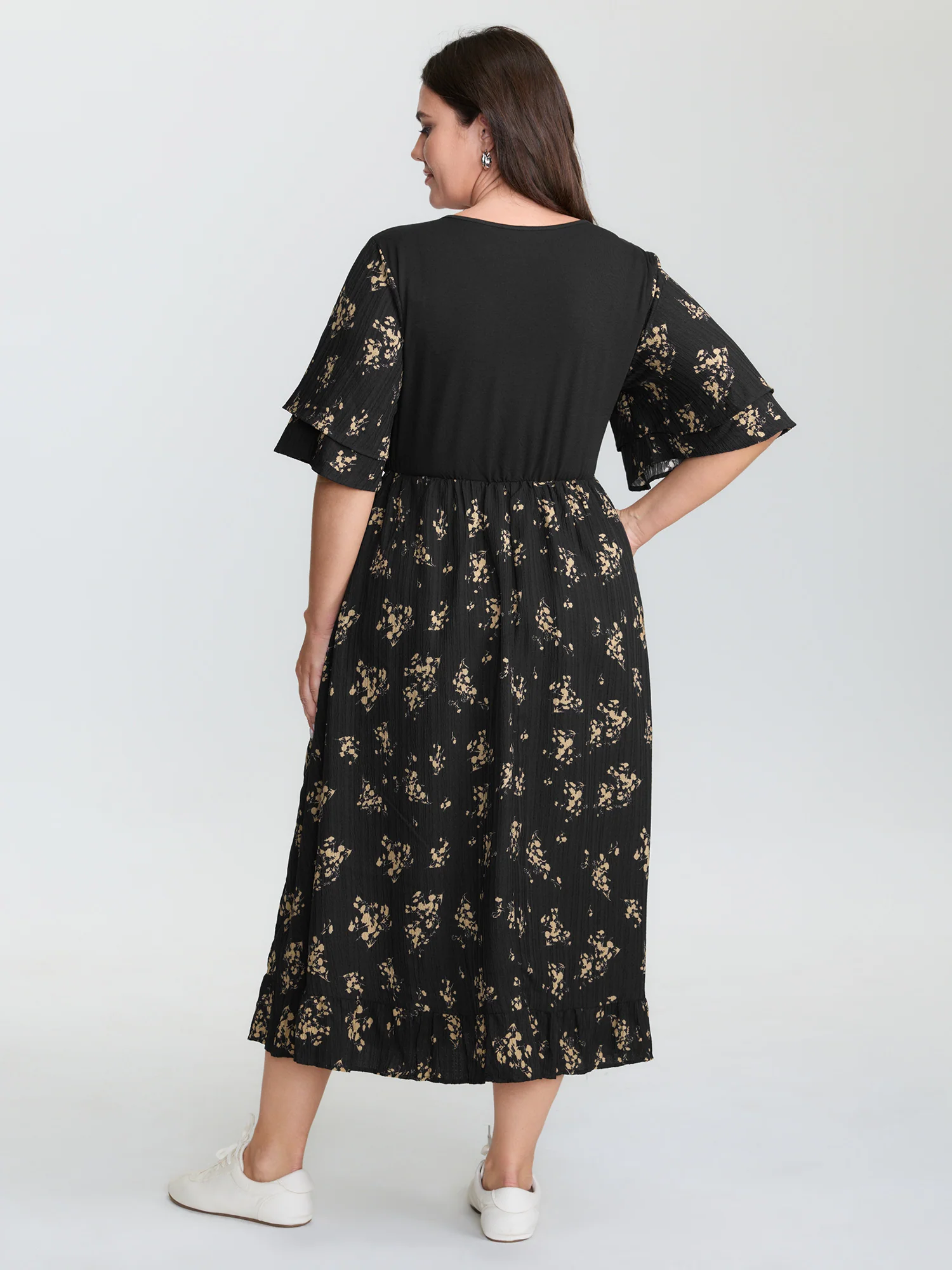 Floral Shirred Color Contrast Midi Dress - Image 5