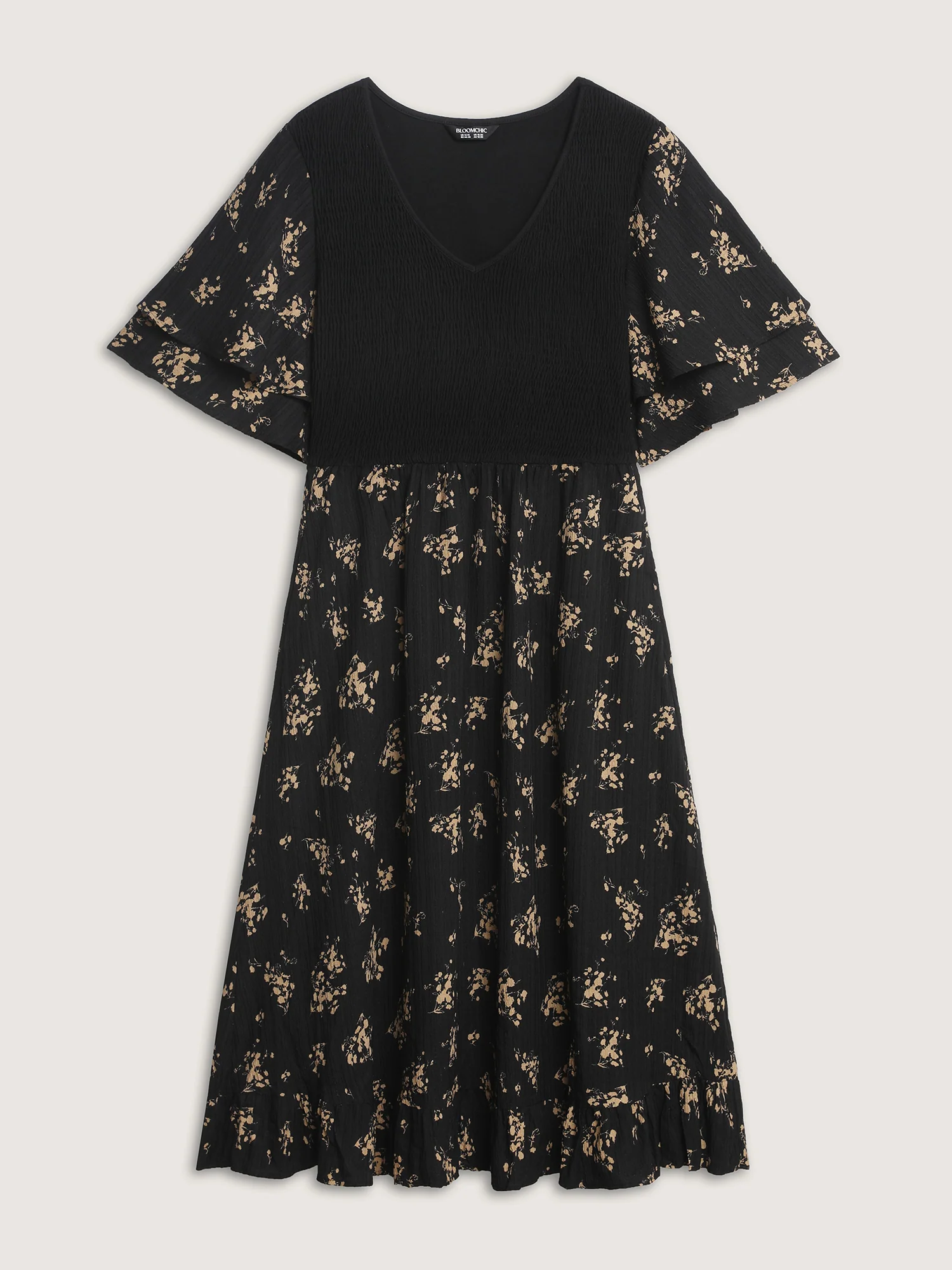 Floral Shirred Color Contrast Midi Dress - Image 8