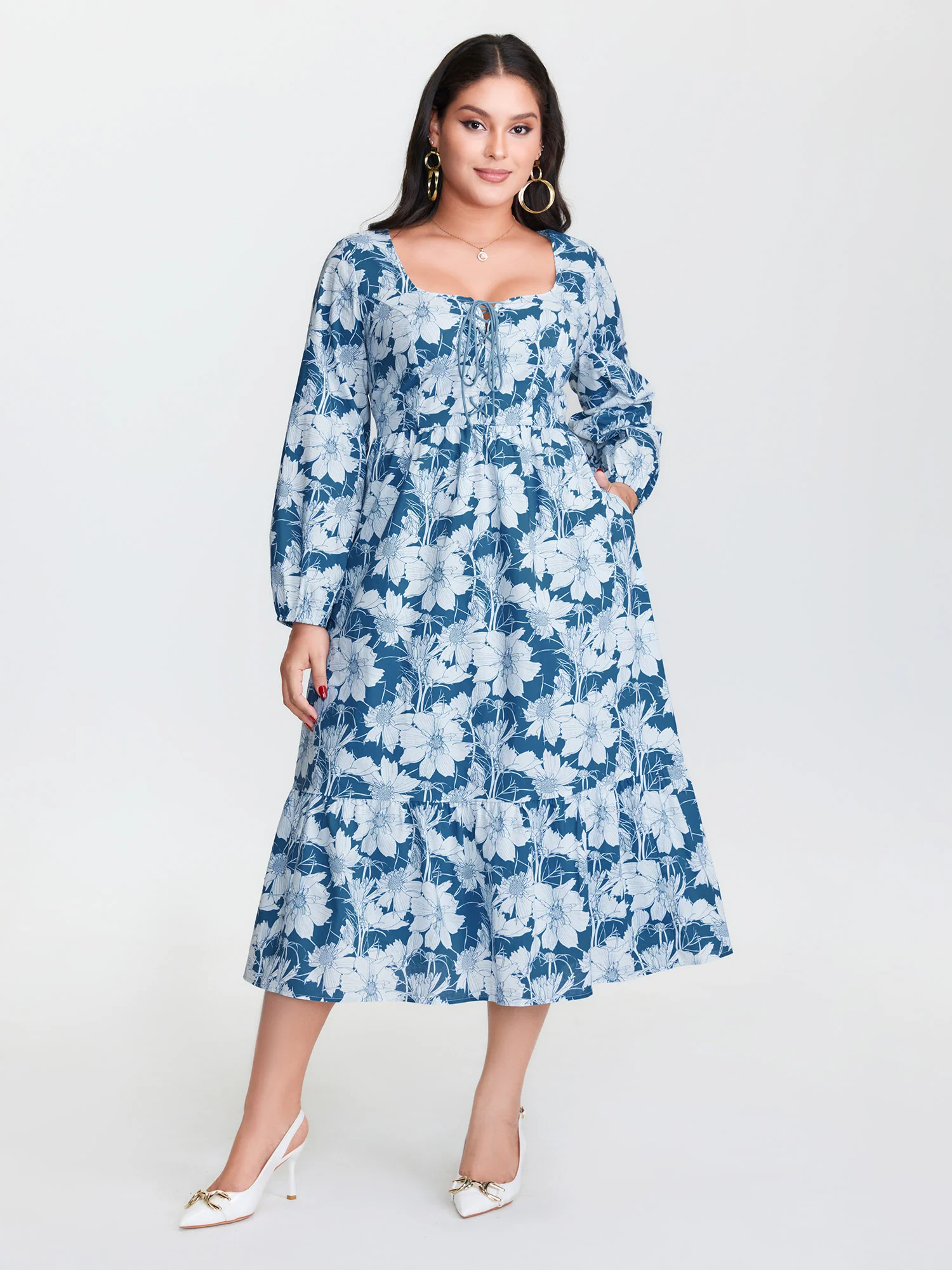 Floral Shirred Drawstring Neckline Midi Dress - Image 2