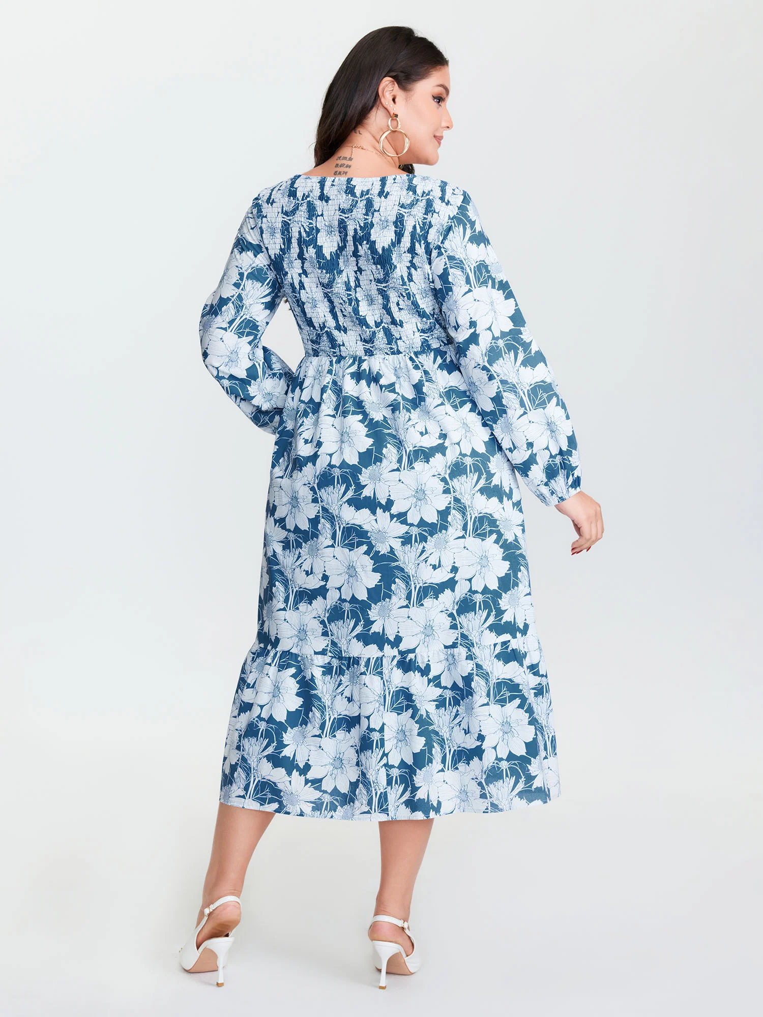 Floral Shirred Drawstring Neckline Midi Dress - Image 4