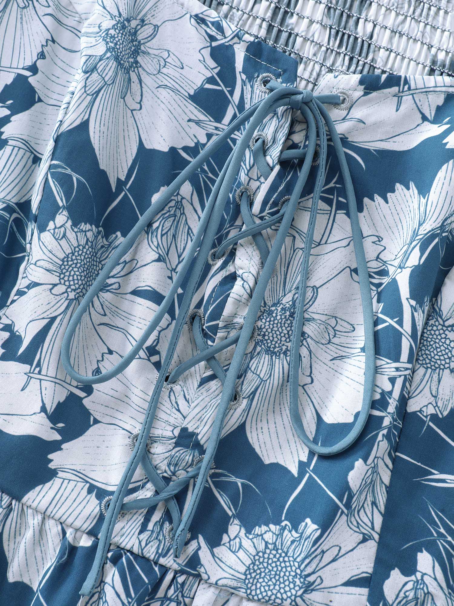 Floral Shirred Drawstring Neckline Midi Dress - Image 5
