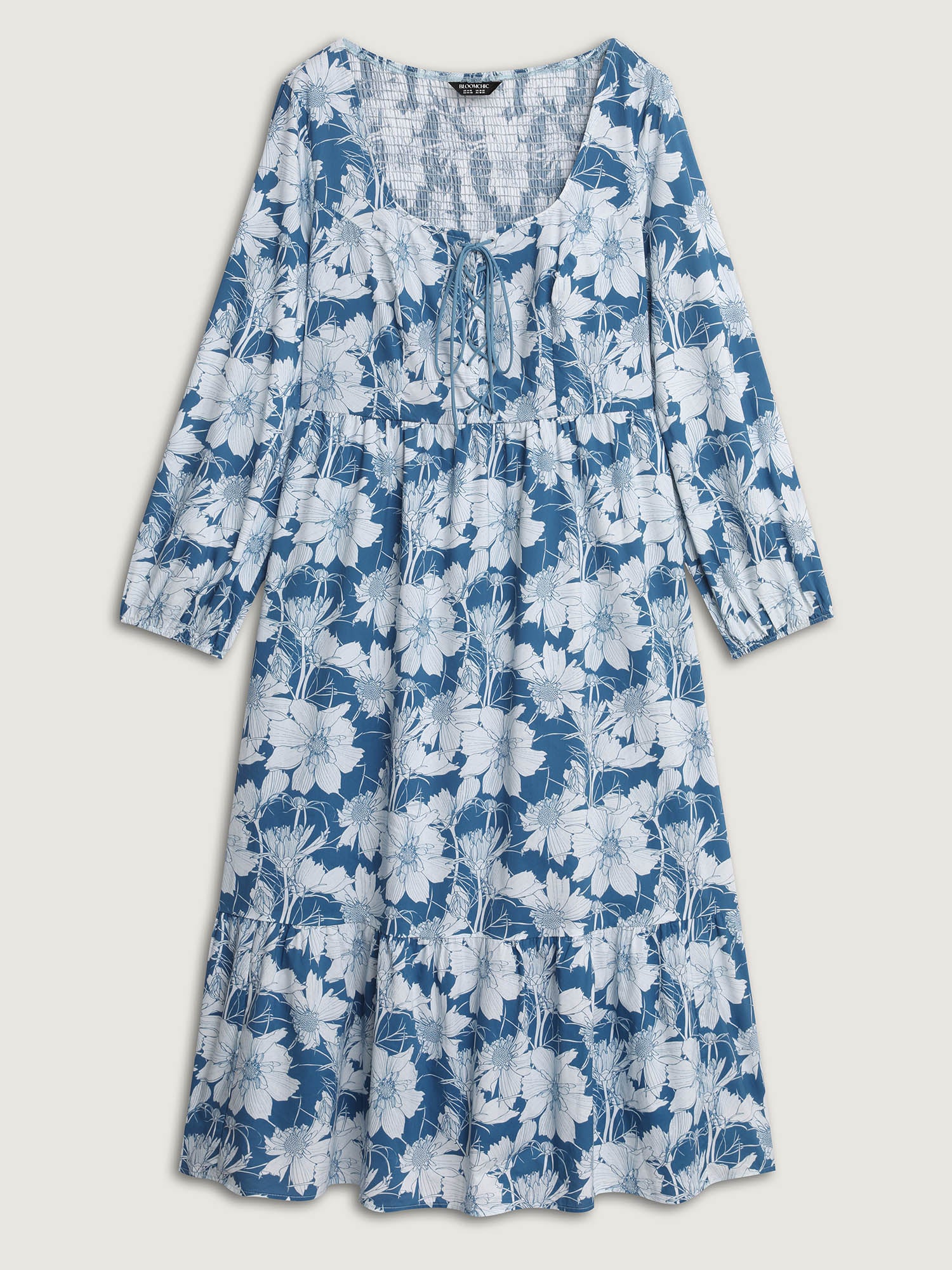 Floral Shirred Drawstring Neckline Midi Dress - Image 7