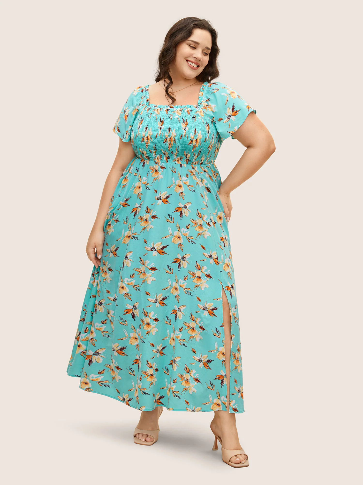 Floral Shirred Elastic Waist Split Hem Dress - Image 2