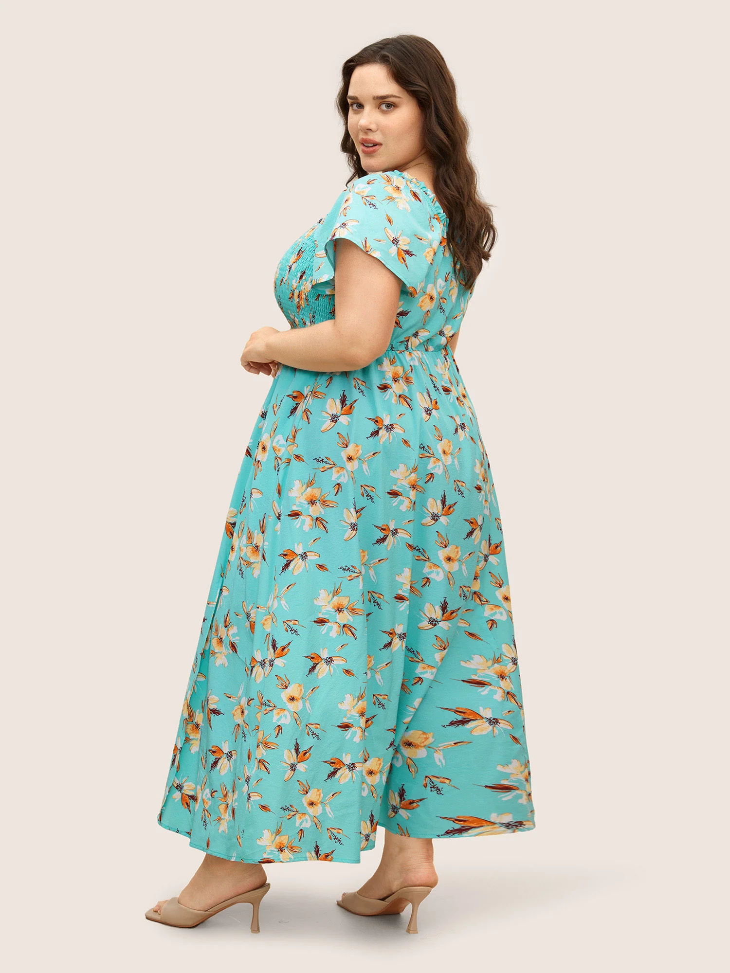 Floral Shirred Elastic Waist Split Hem Dress - Image 3