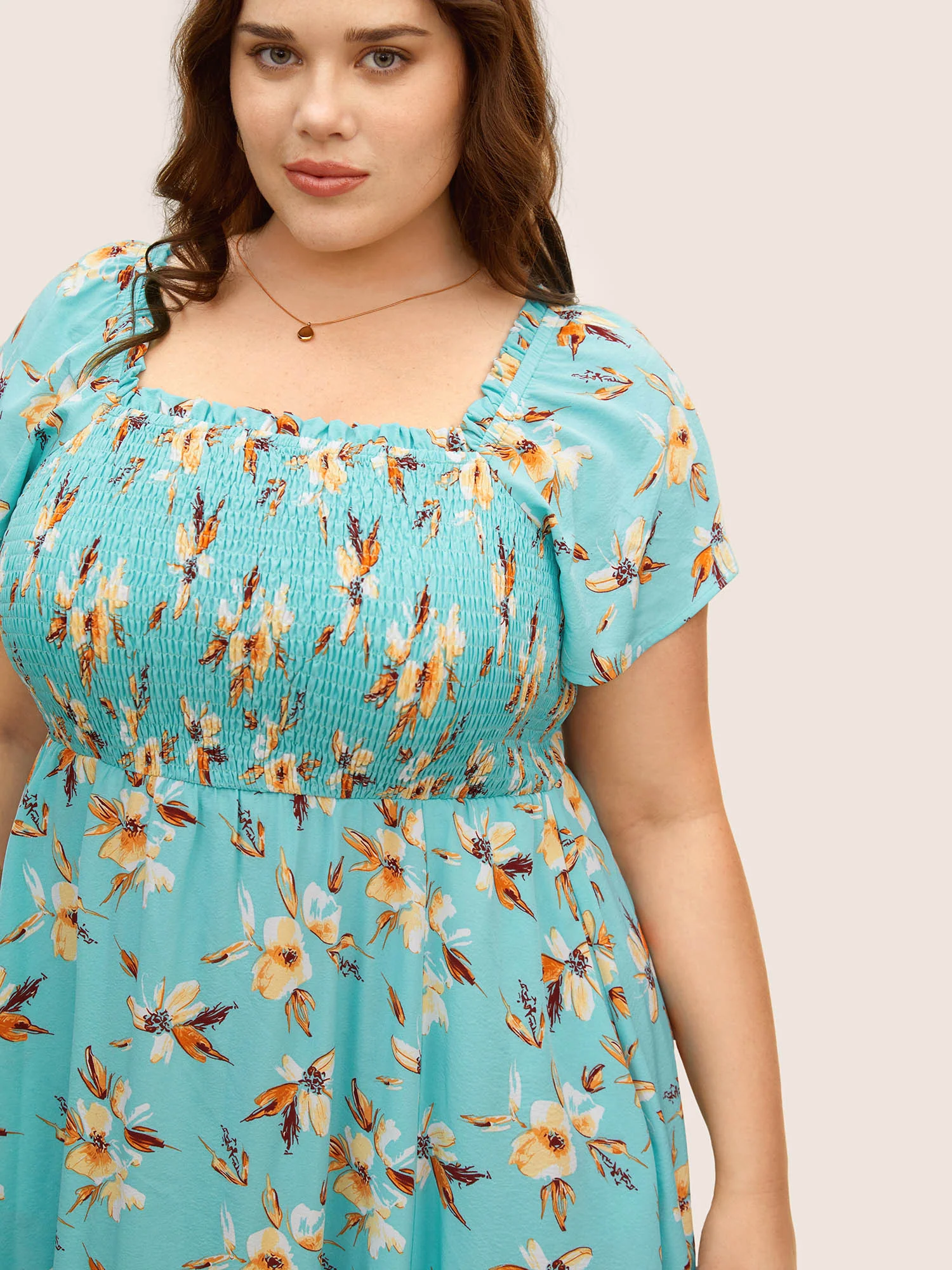 Floral Shirred Elastic Waist Split Hem Dress - Image 4