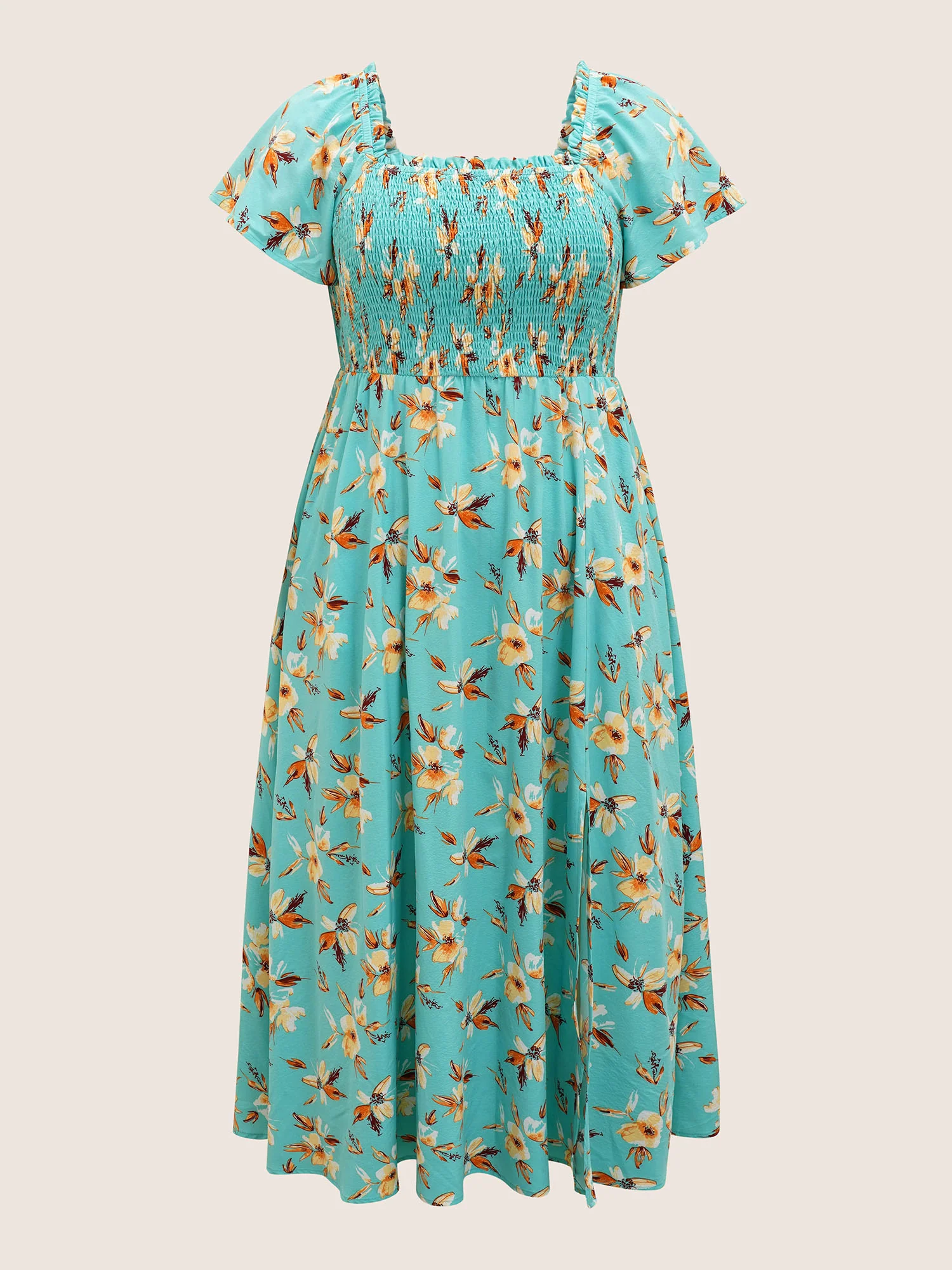 Floral Shirred Elastic Waist Split Hem Dress - Image 7