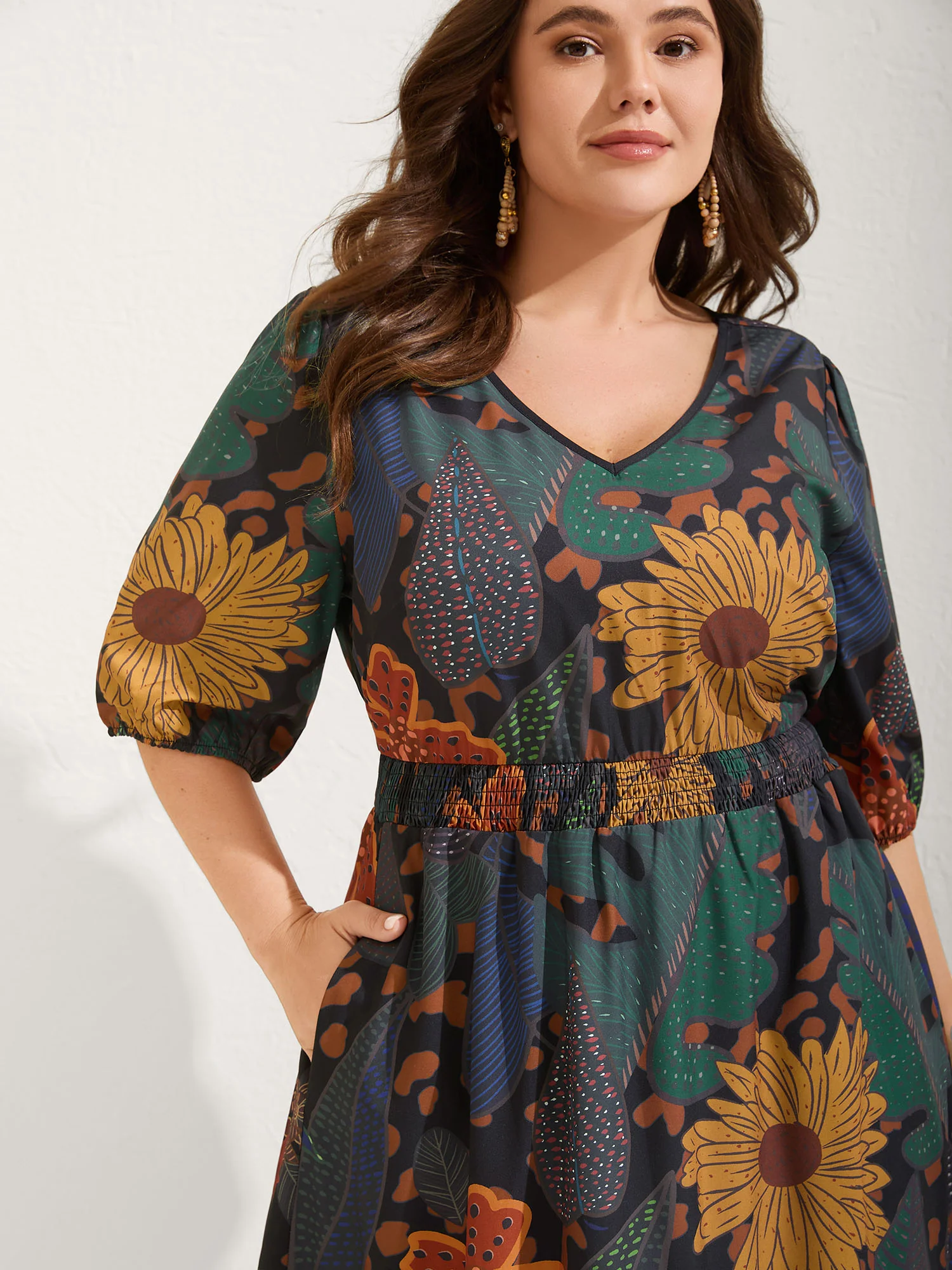 Floral Shirred Lantern Sleeve Midi Dress - Image 2