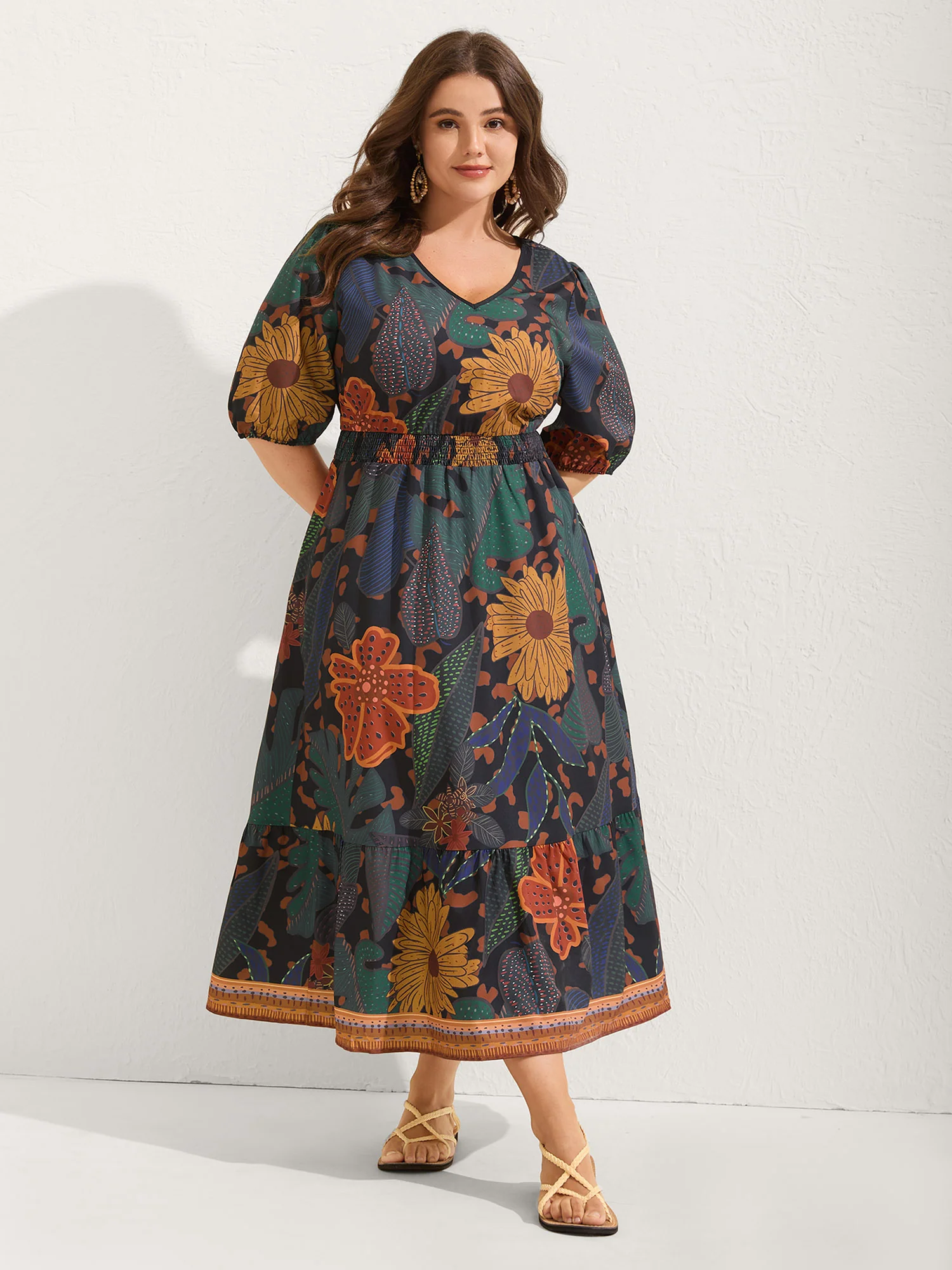 Floral Shirred Lantern Sleeve Midi Dress - Image 3