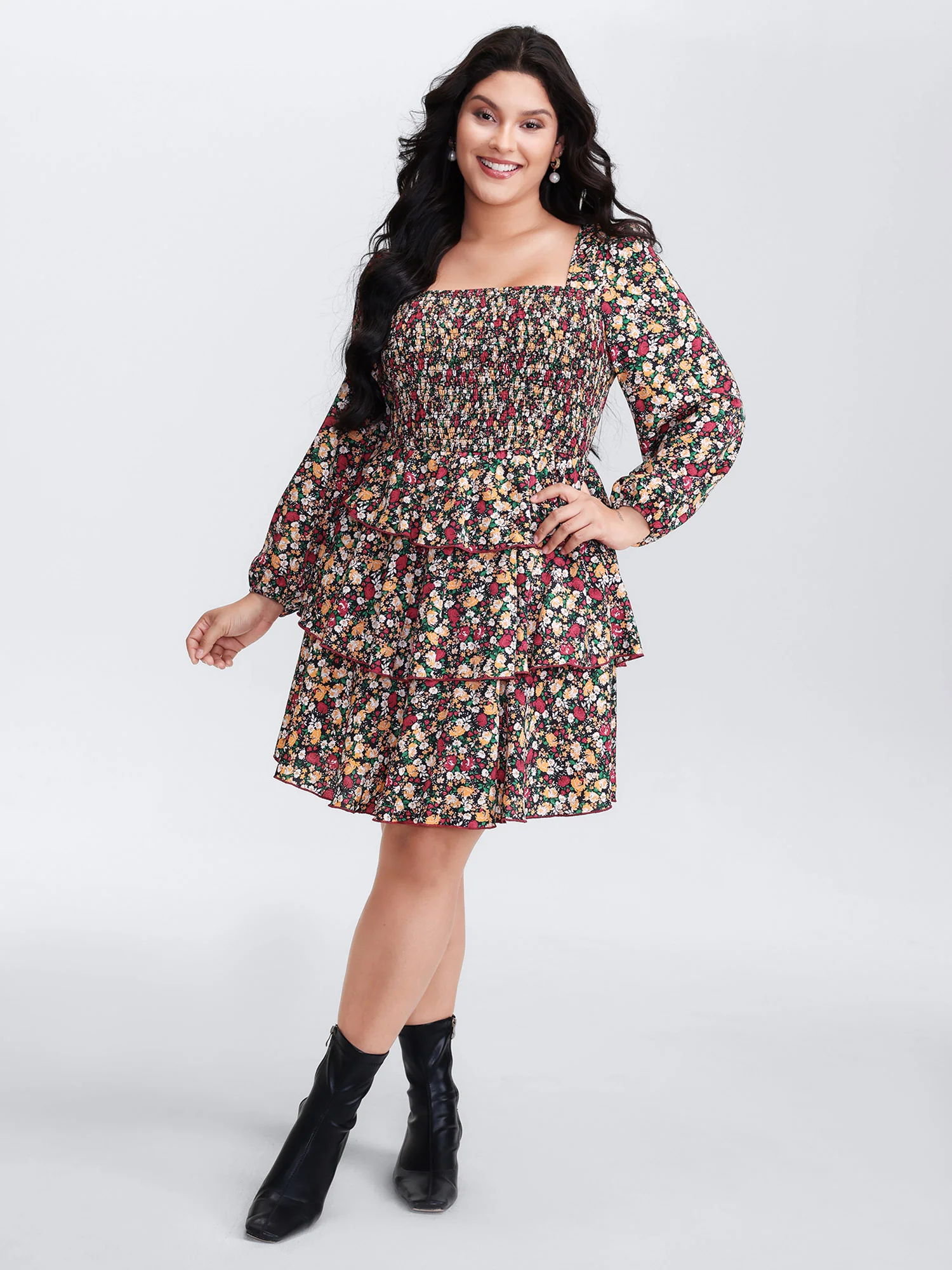Floral Shirred Layered Skirt Mini Dress - Image 3