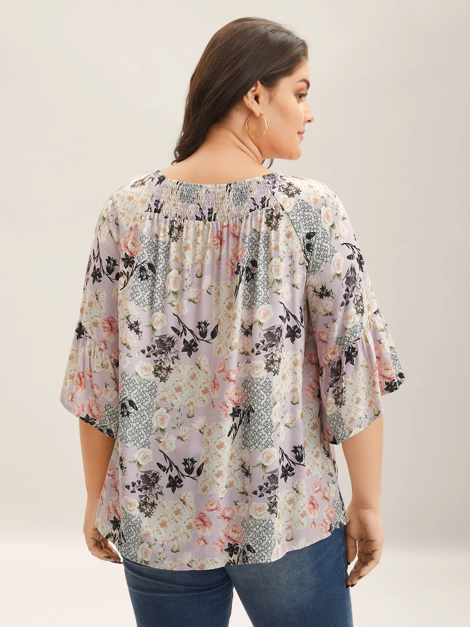 Floral Shirred Neck Flowy Blouse - Image 3