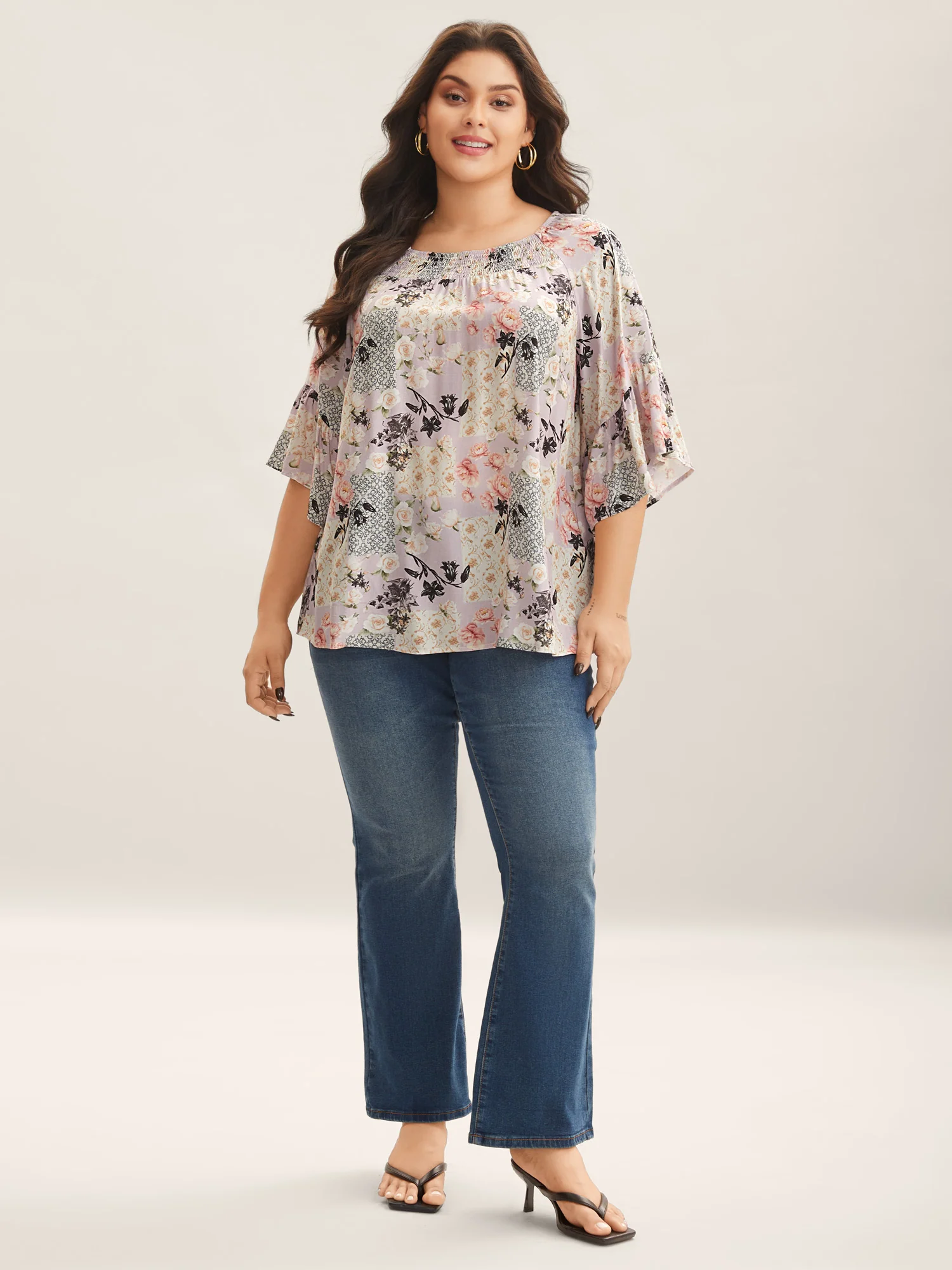 Floral Shirred Neck Flowy Blouse - Image 4
