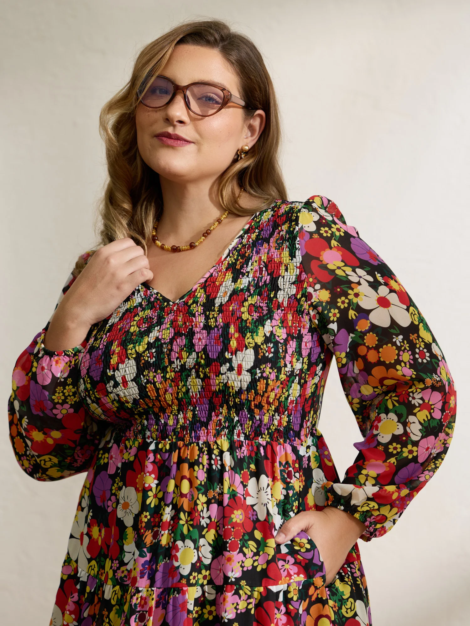 Floral Shirred Pockets Stretchy Waist Midi Dress - Image 2