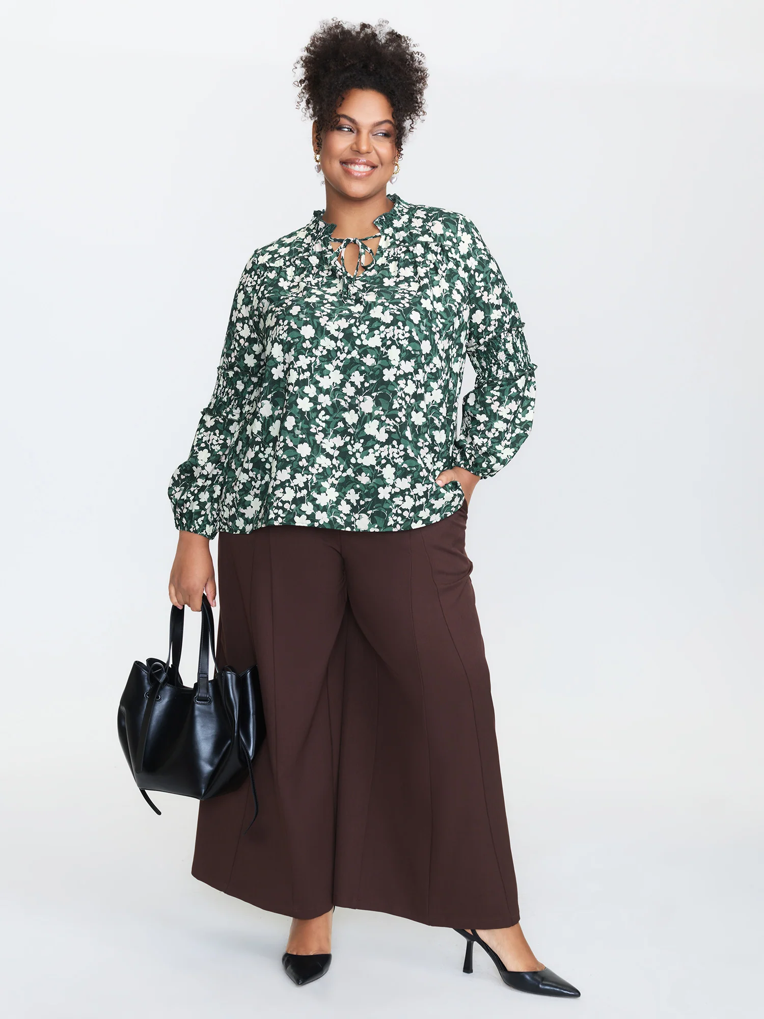 Floral Shirred Sleeve Drawstring Neckline Blouse - Image 2