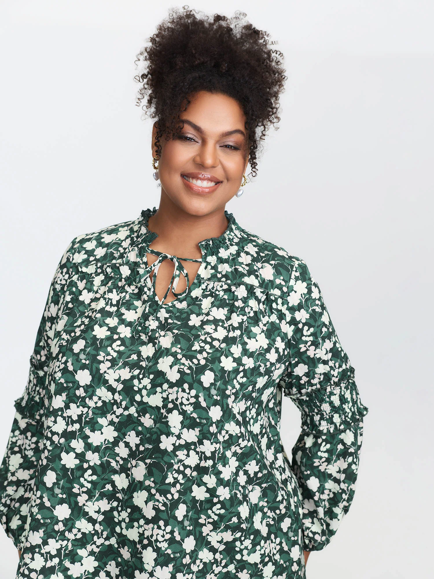 Floral Shirred Sleeve Drawstring Neckline Blouse - Image 3
