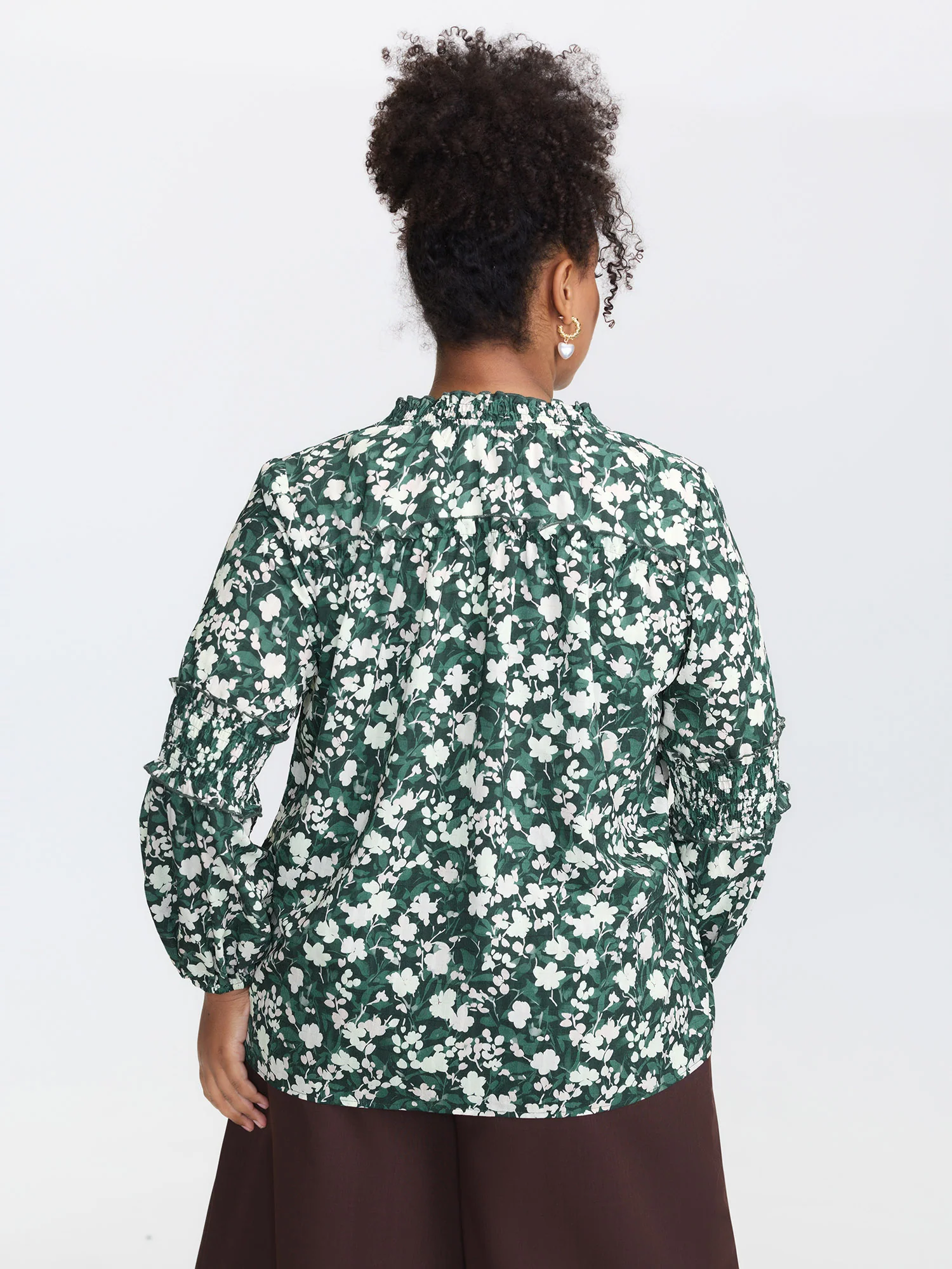 Floral Shirred Sleeve Drawstring Neckline Blouse - Image 4