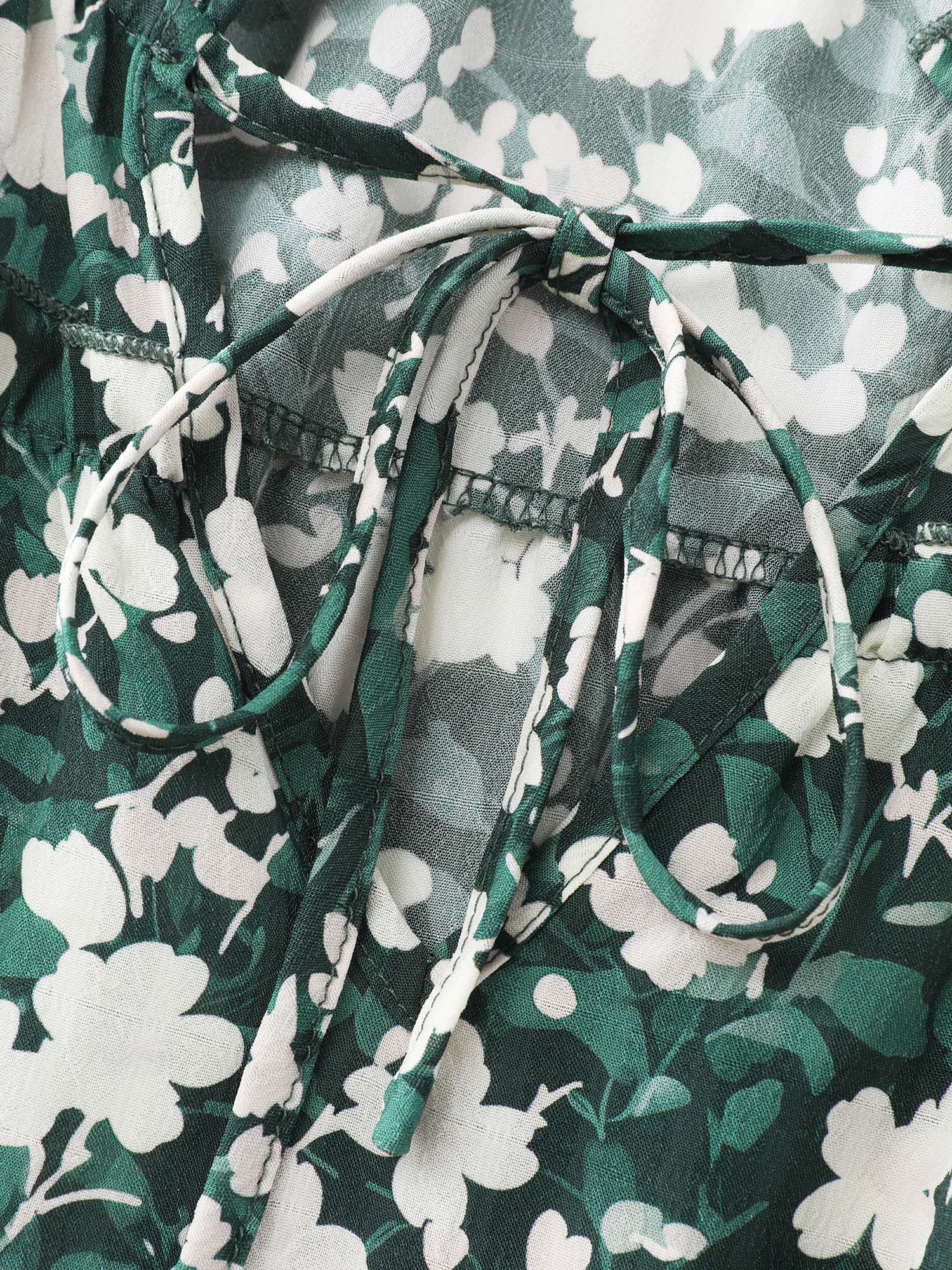 Floral Shirred Sleeve Drawstring Neckline Blouse - Image 5