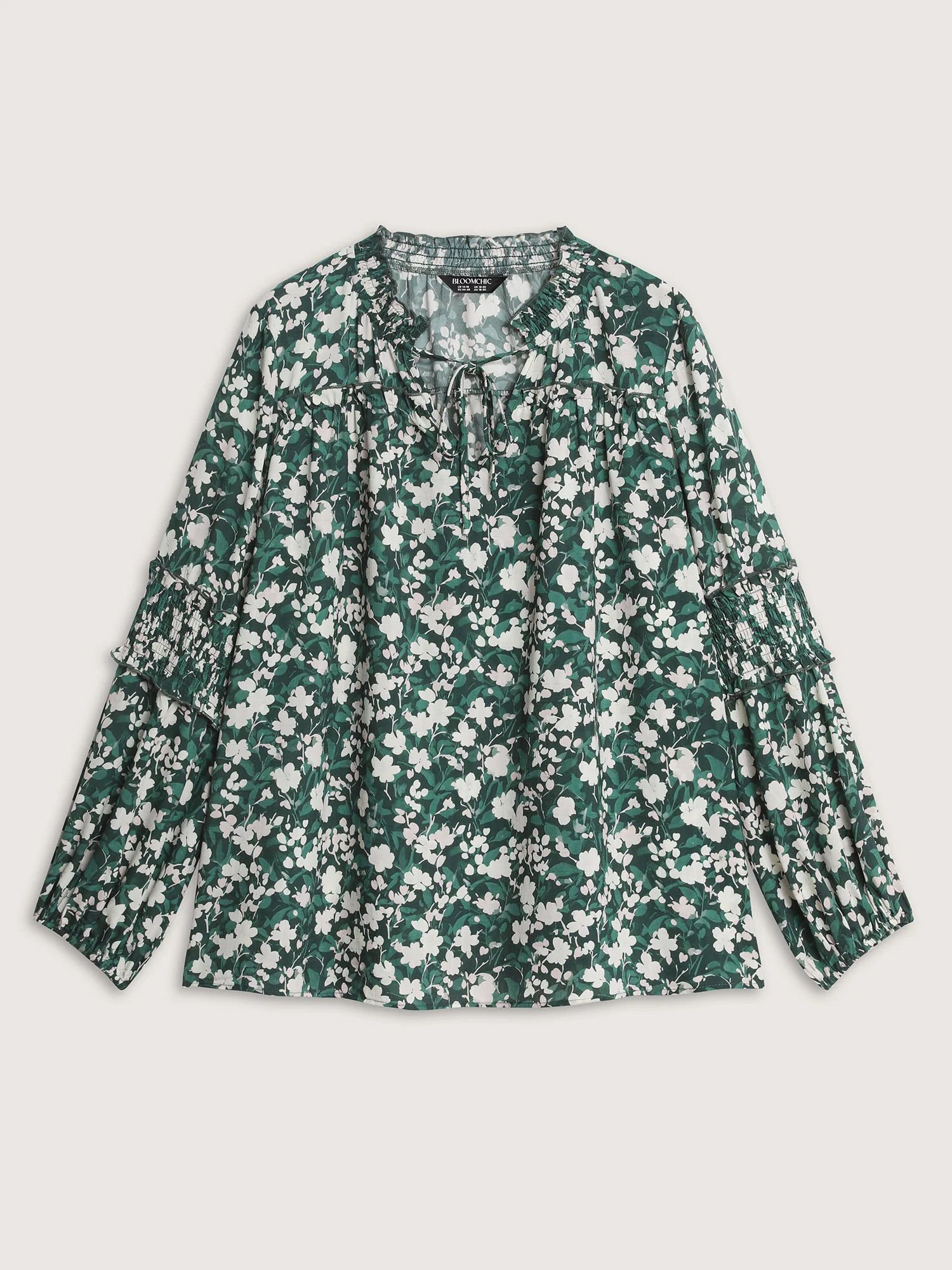 Floral Shirred Sleeve Drawstring Neckline Blouse - Image 7