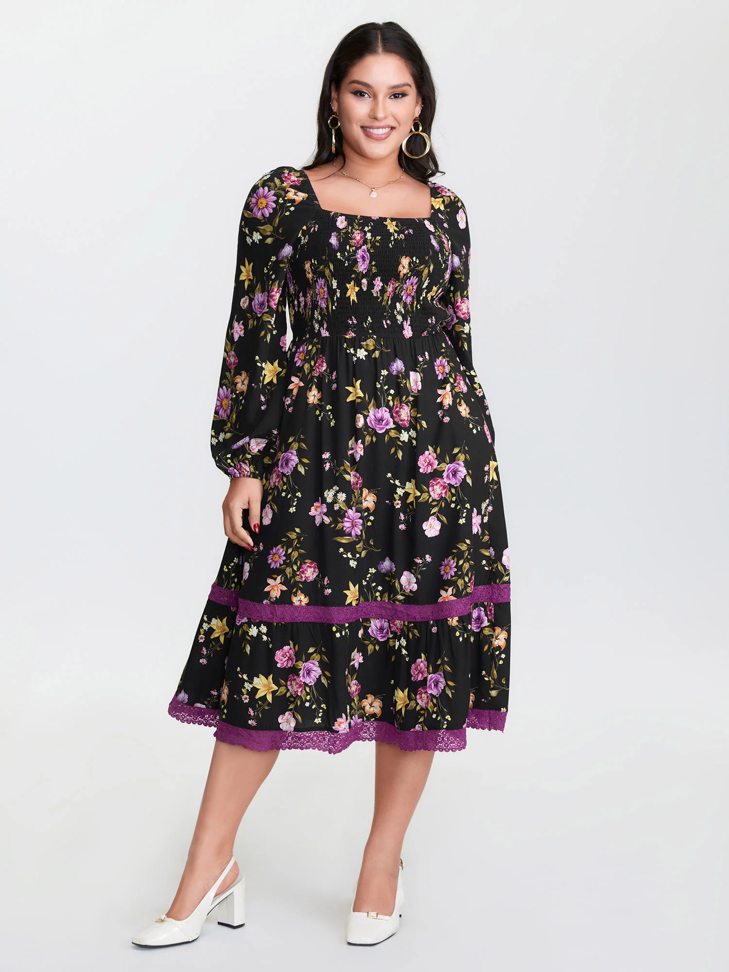 Floral Shirred Stretchy Waist Midi Dress - Image 2