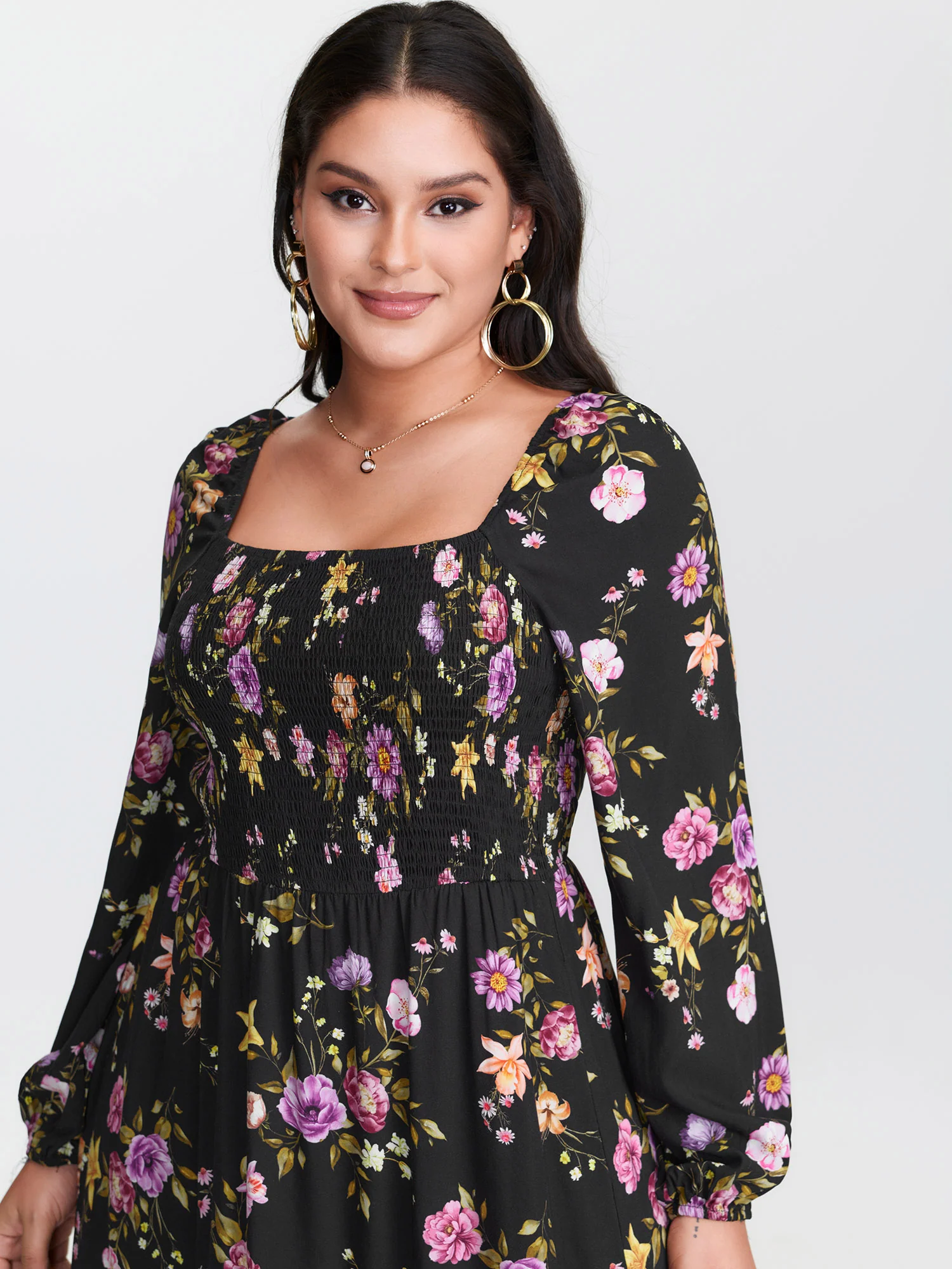 Floral Shirred Stretchy Waist Midi Dress - Image 3