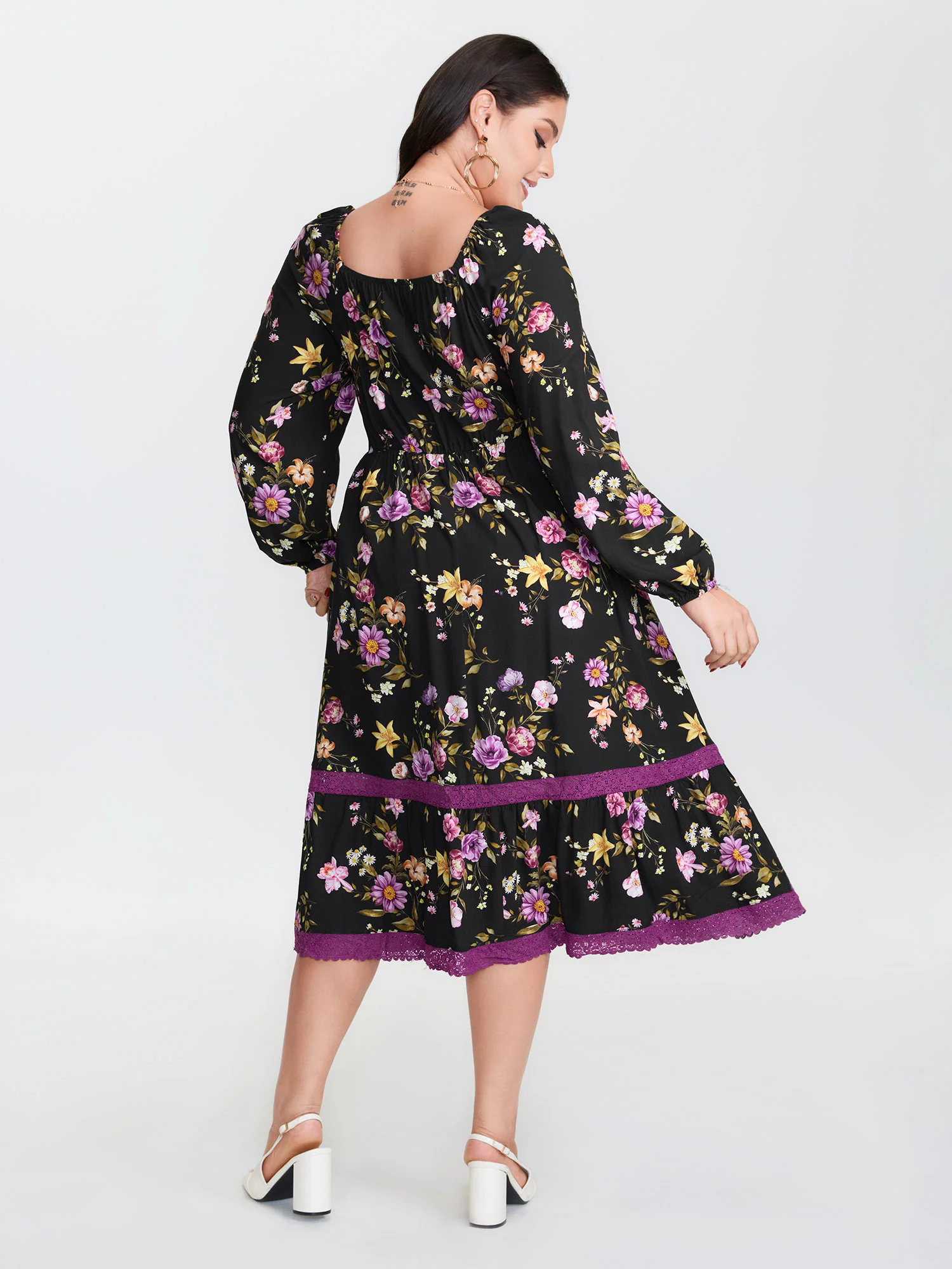 Floral Shirred Stretchy Waist Midi Dress - Image 4
