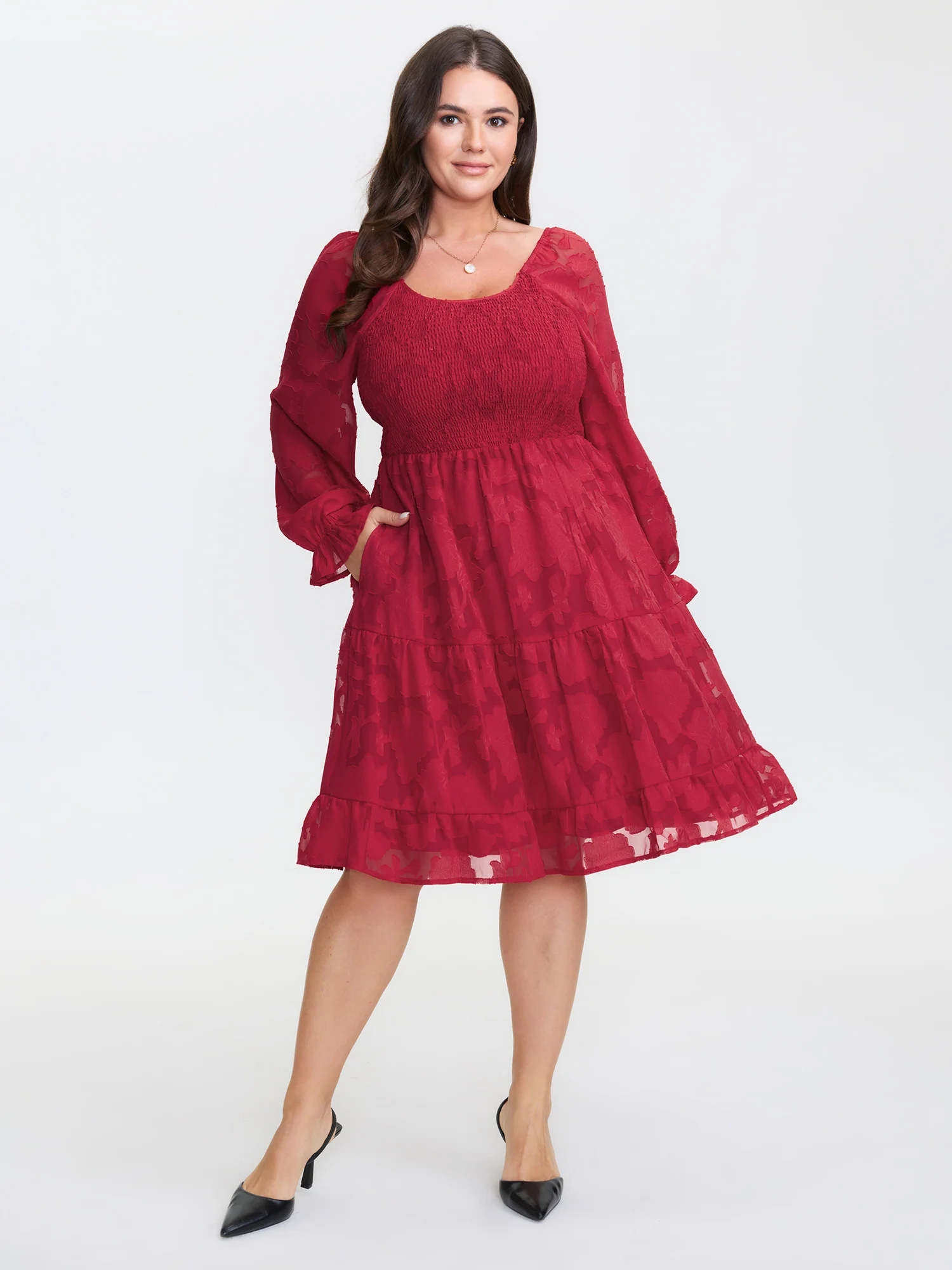Floral Shirred Stretchy Waist Pockets Midi Dress - Image 3