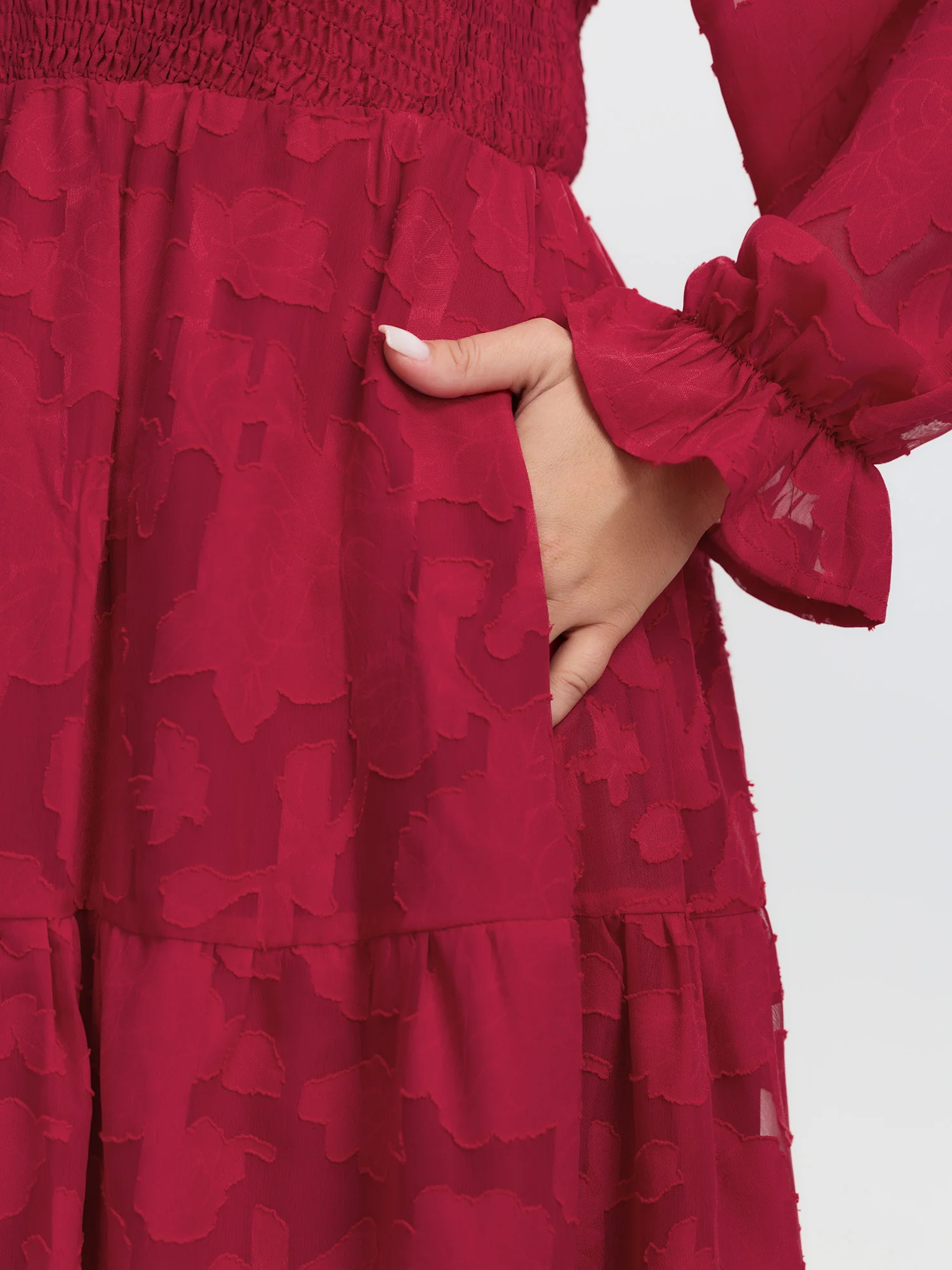 Floral Shirred Stretchy Waist Pockets Midi Dress - Image 4