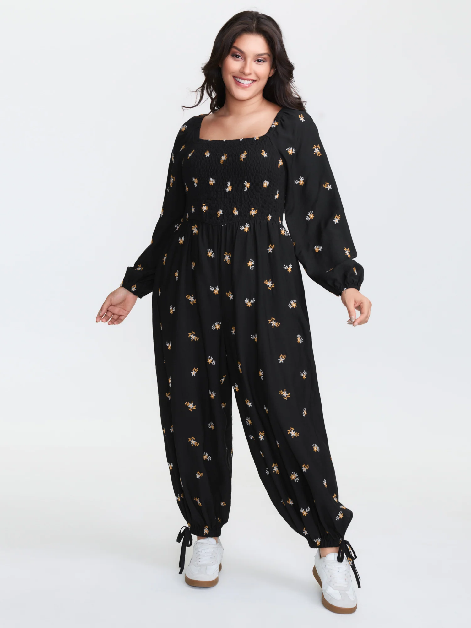 Floral Shirred Tie Square Neck Jumpsuit - Image 3