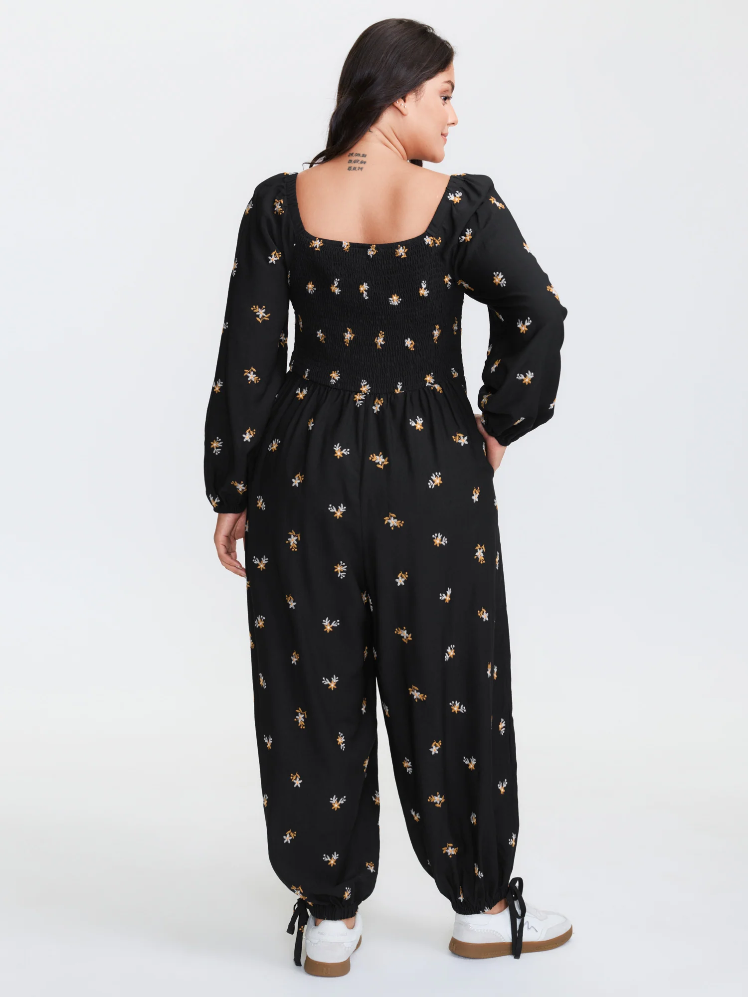 Floral Shirred Tie Square Neck Jumpsuit - Image 4