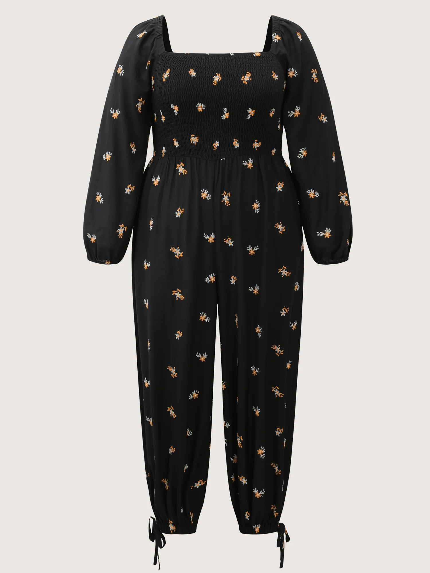 Floral Shirred Tie Square Neck Jumpsuit - Image 7