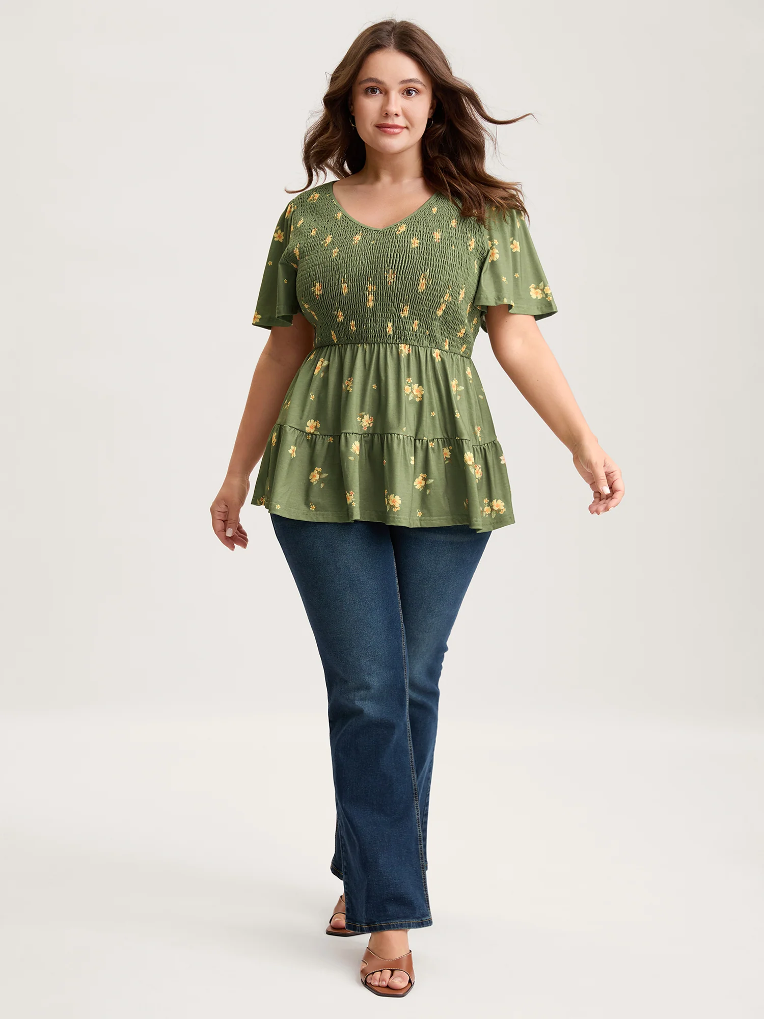 Floral Shirred Tiered Knit Top - Image 3