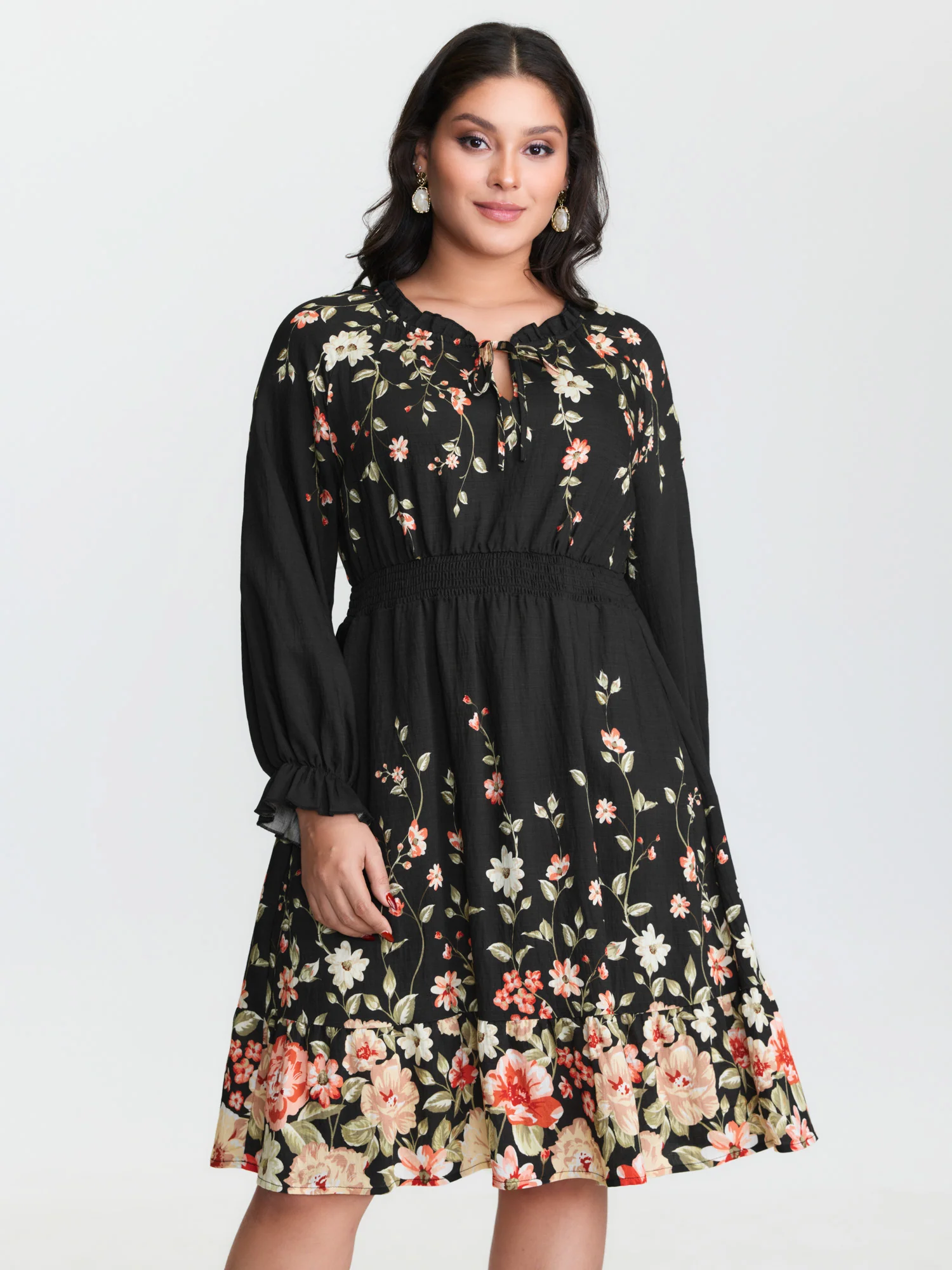 Floral Shirred Waist Neck-Tie Mini Dress - Image 2