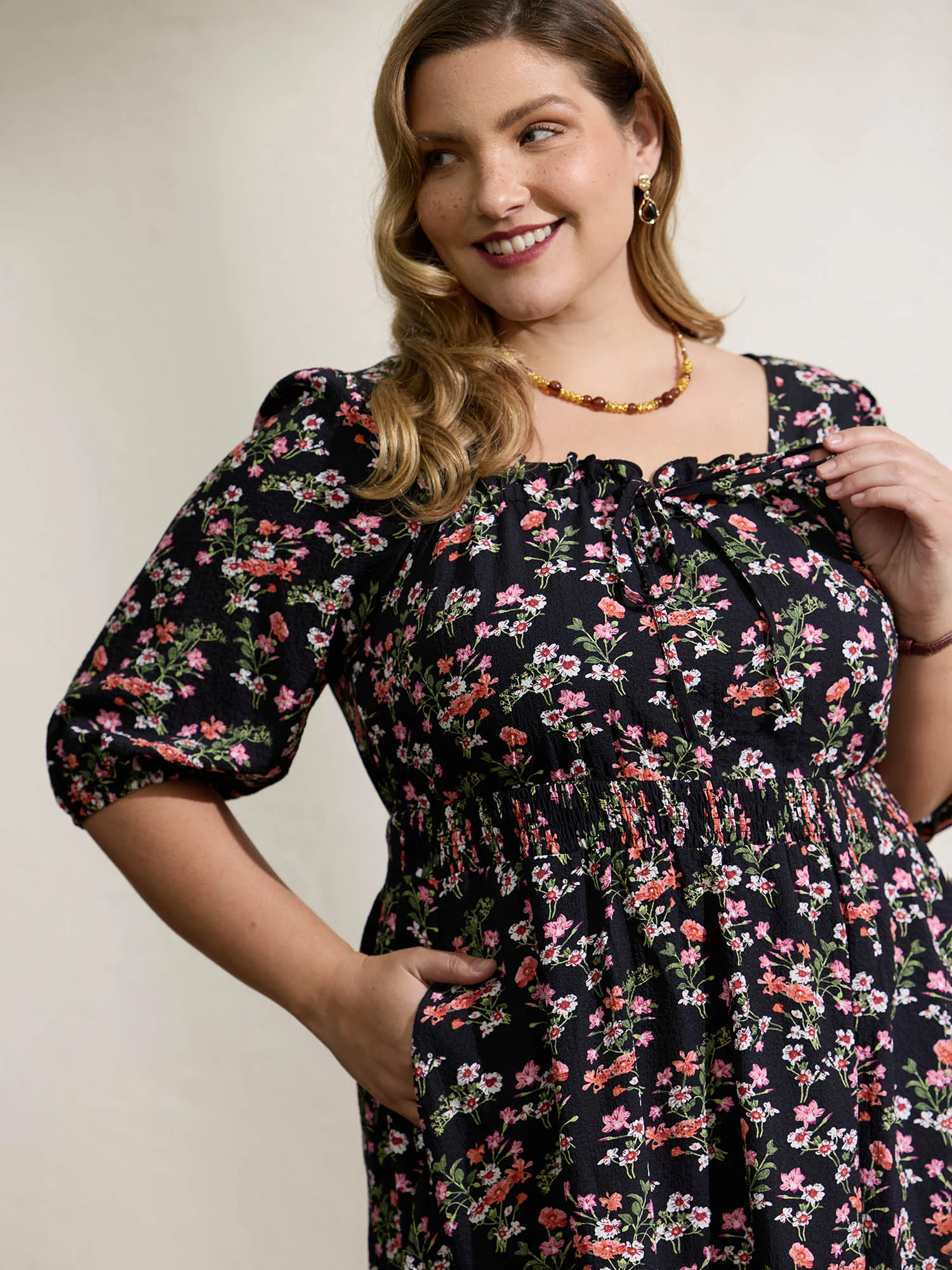 Floral Shirred Waist Neck-Tie Midi Dress - Image 2