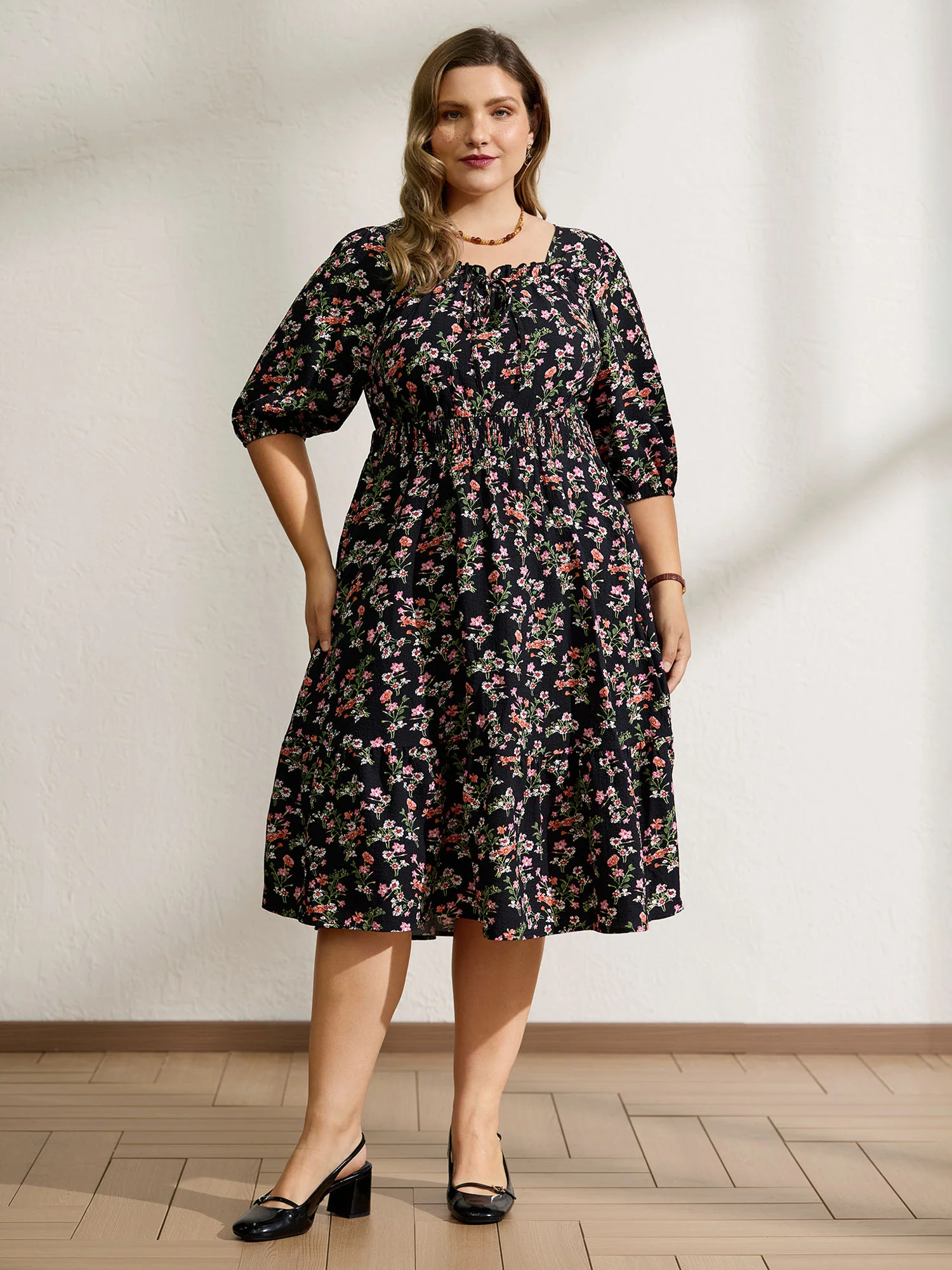 Floral Shirred Waist Neck-Tie Midi Dress - Image 3