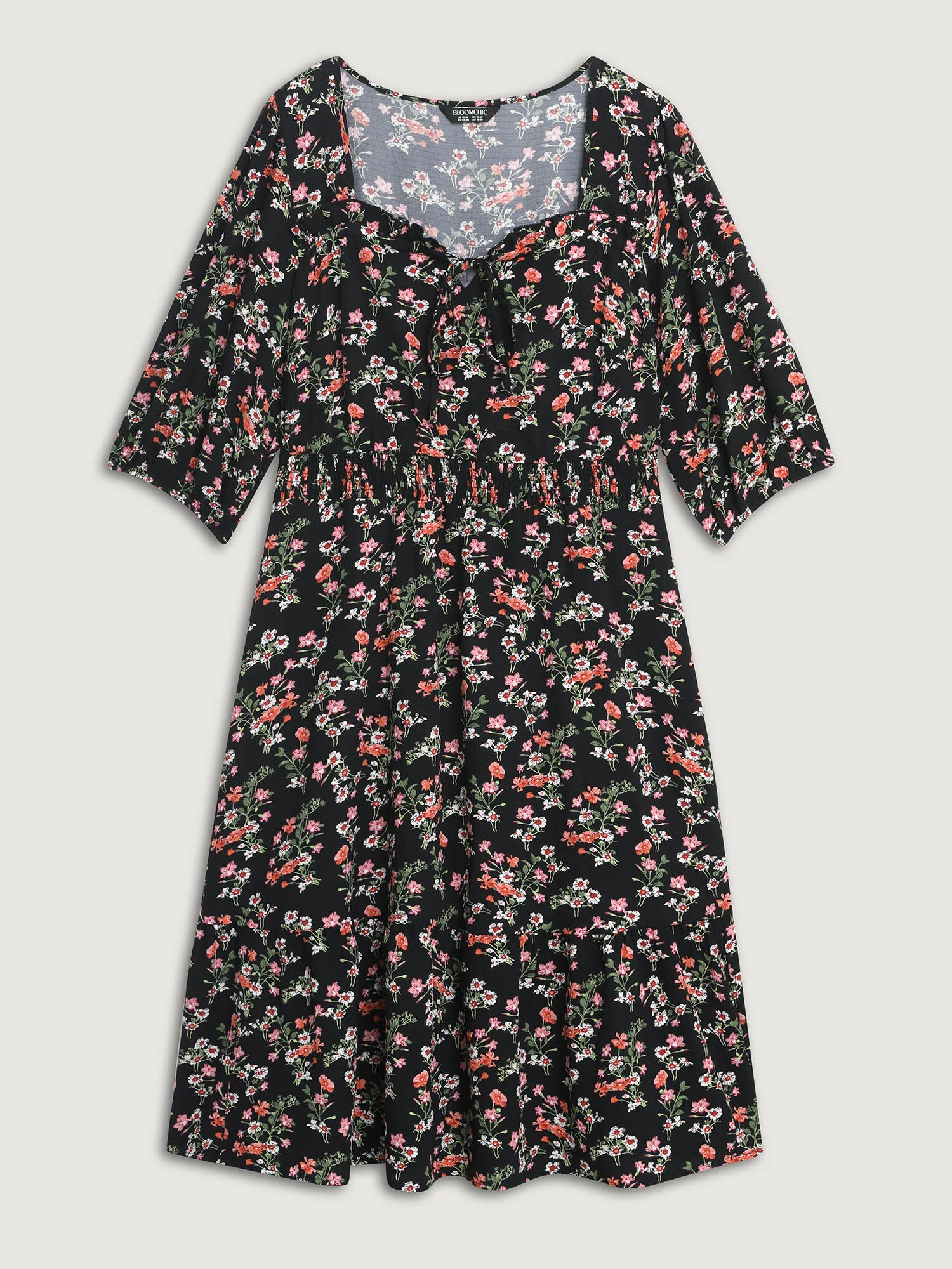 Floral Shirred Waist Neck-Tie Midi Dress - Image 7
