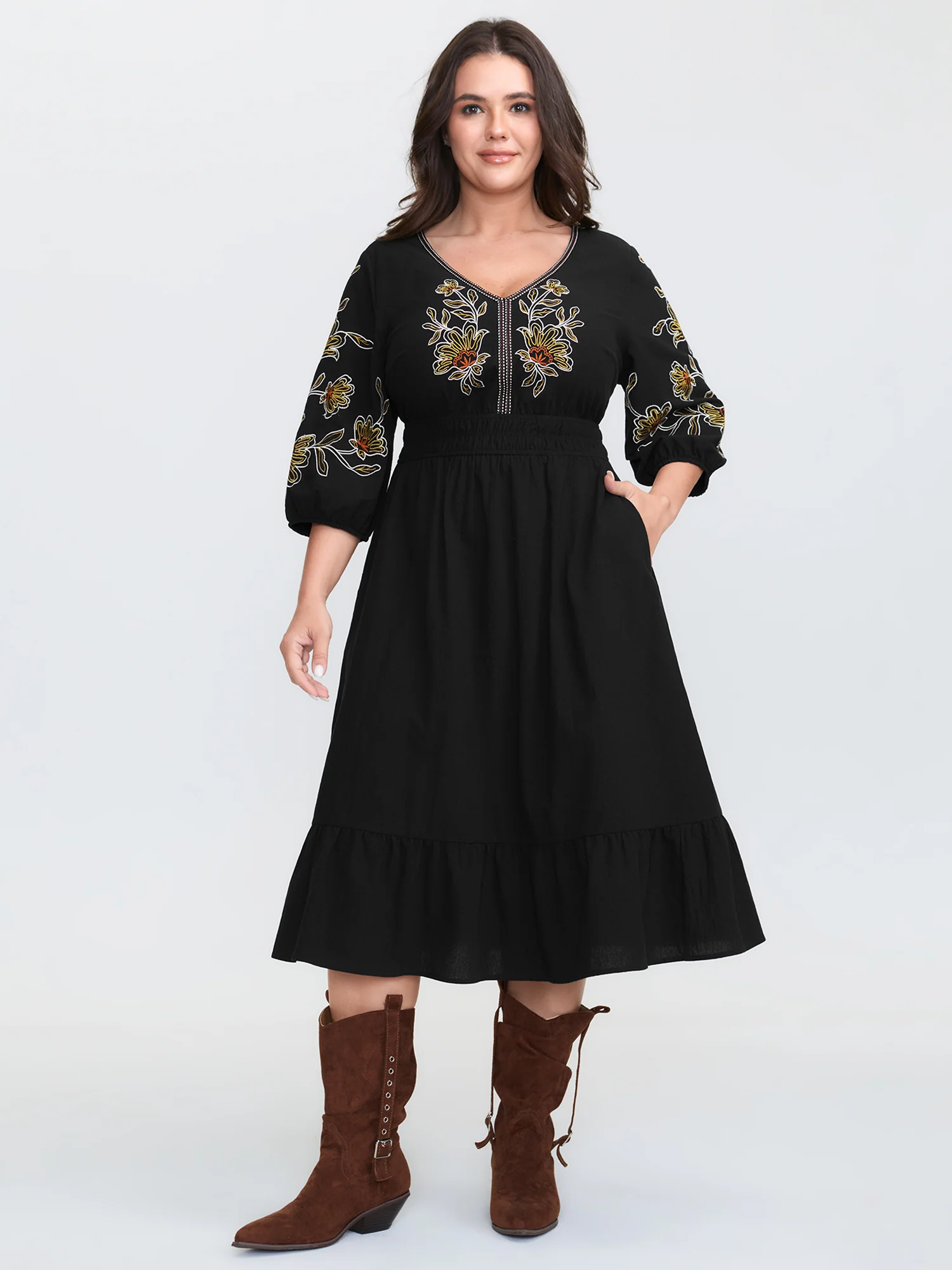 Floral Shirred Waist V-Neck Midi Dress - Image 2