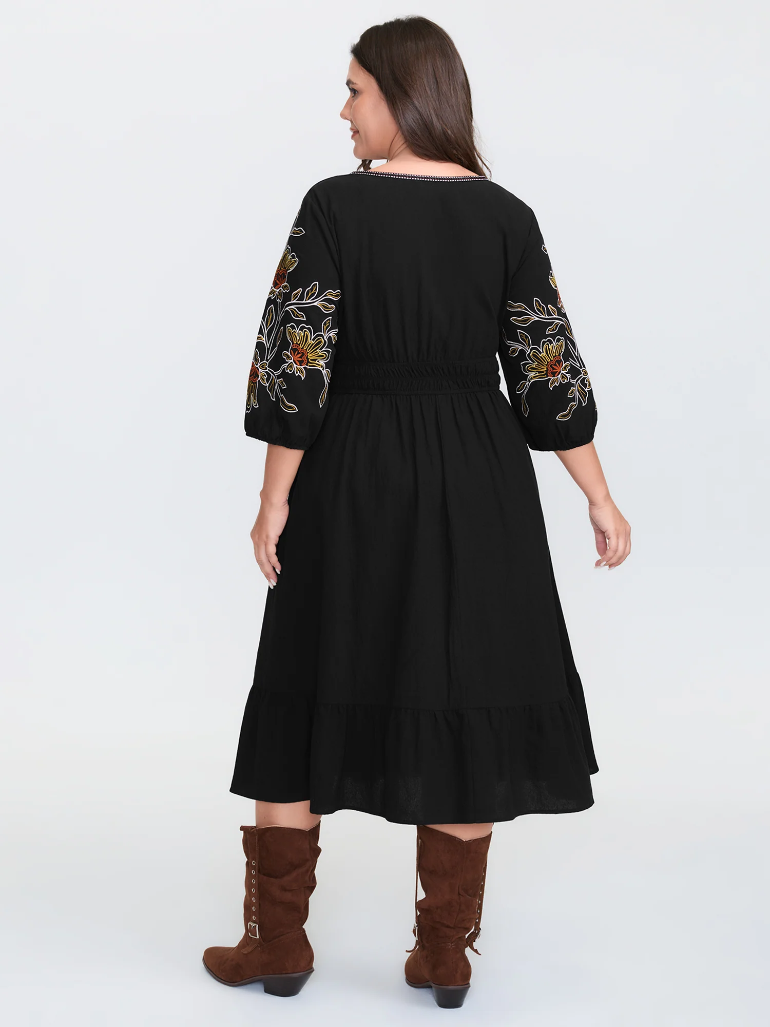 Floral Shirred Waist V-Neck Midi Dress - Image 4