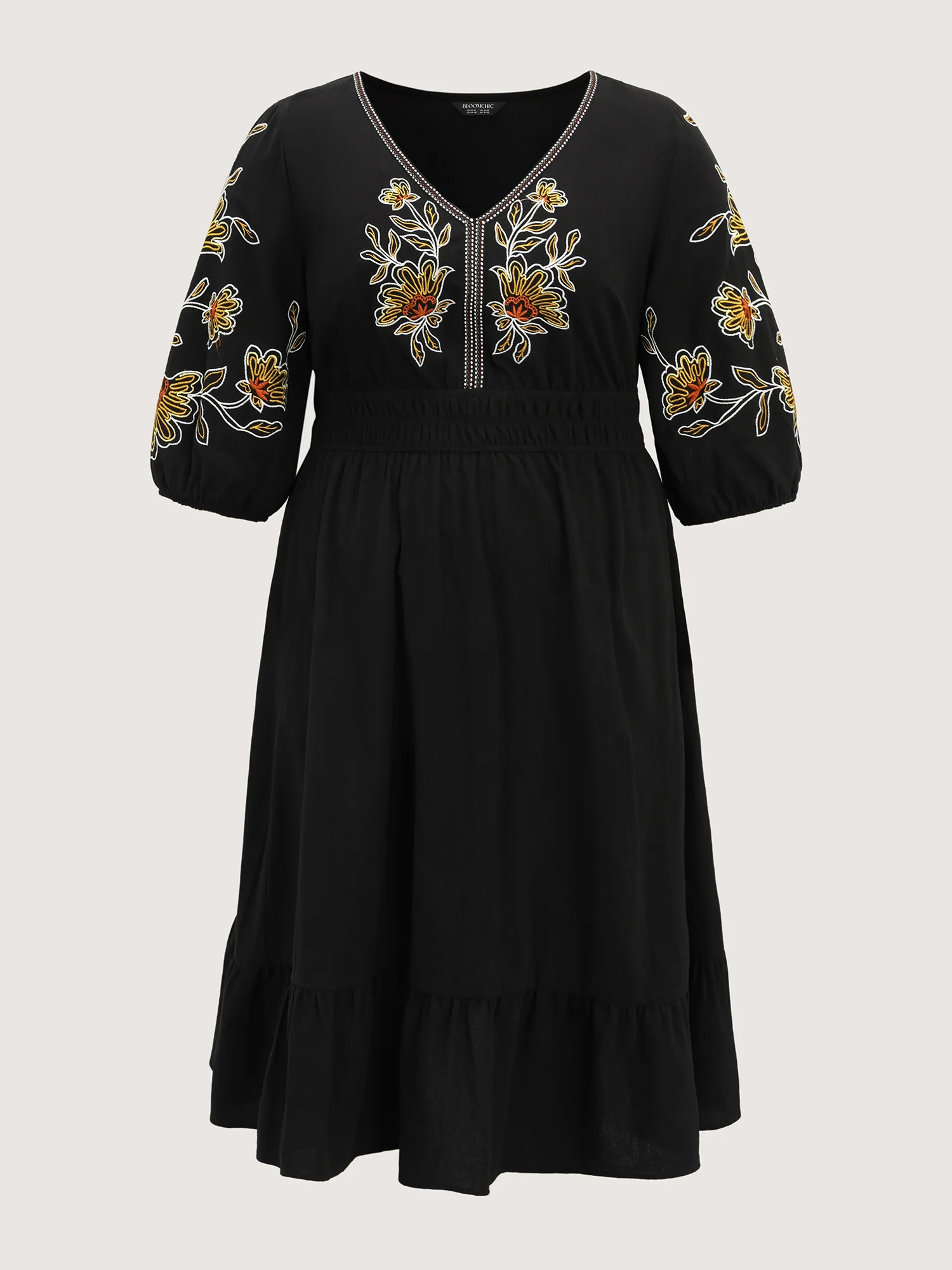 Floral Shirred Waist V-Neck Midi Dress - Image 7