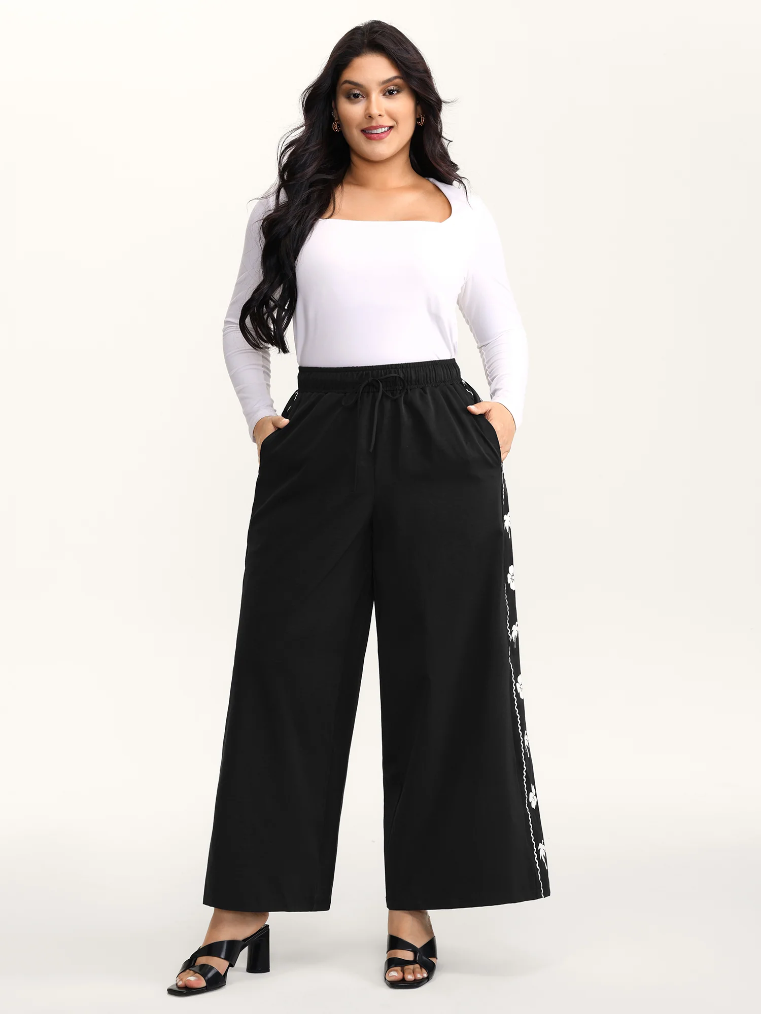 Floral Side Drawstring Wide-Leg Pants - Image 2