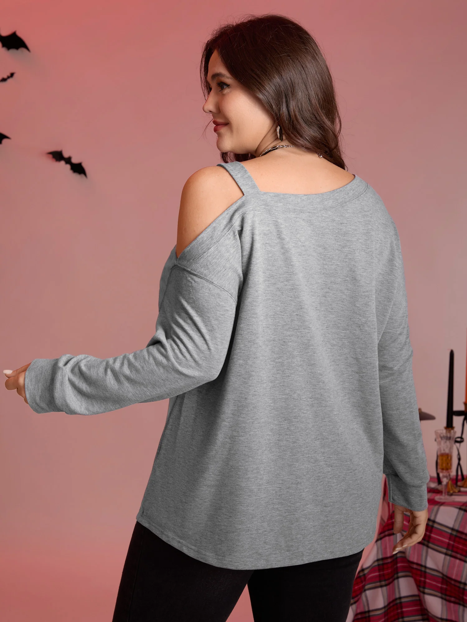 Floral Skull Print One-Shoulder Sweatshirt - Image 4