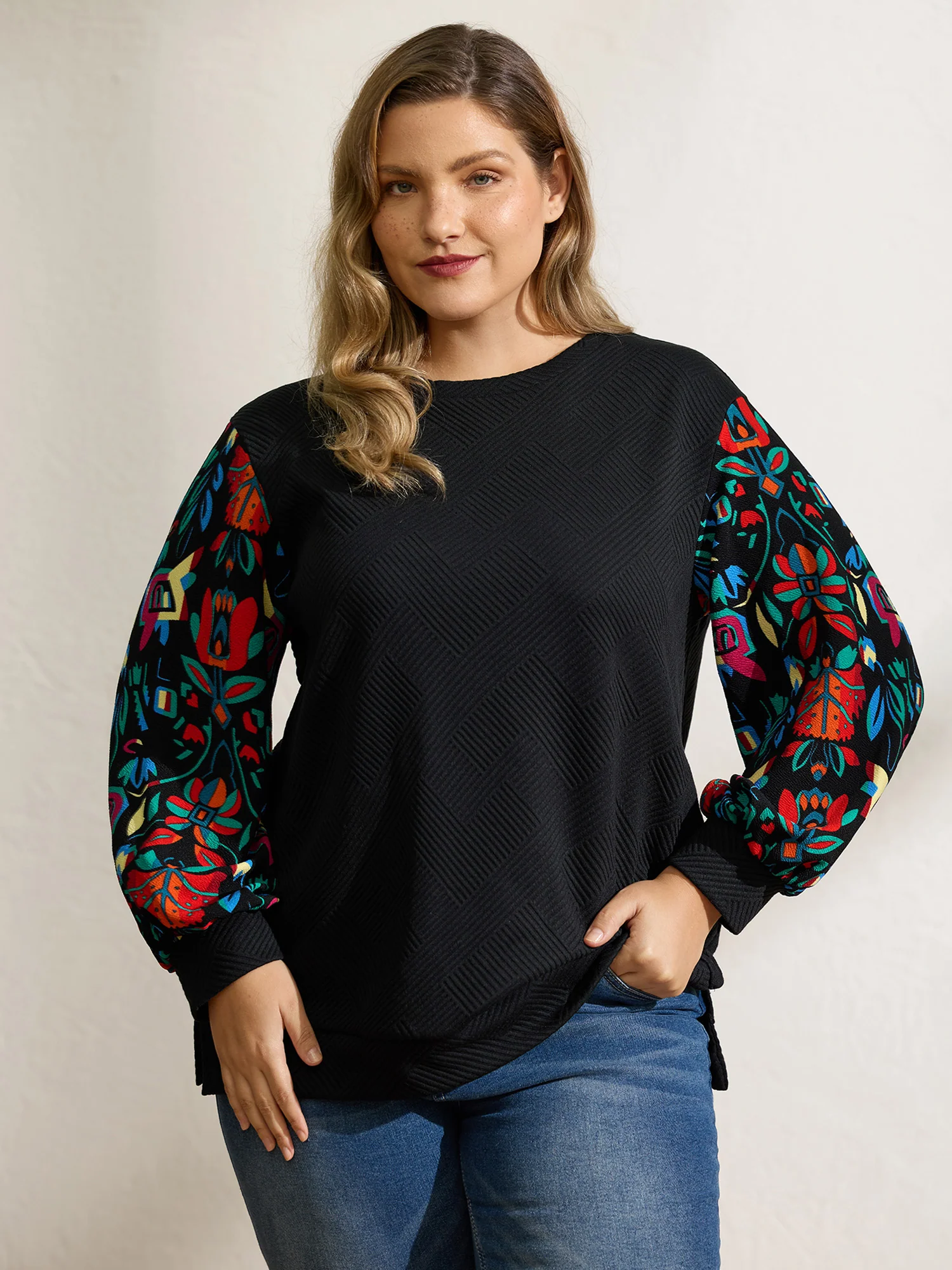 Floral Sleeve Drop Shoulder Textured Sweatshirt - Image 2