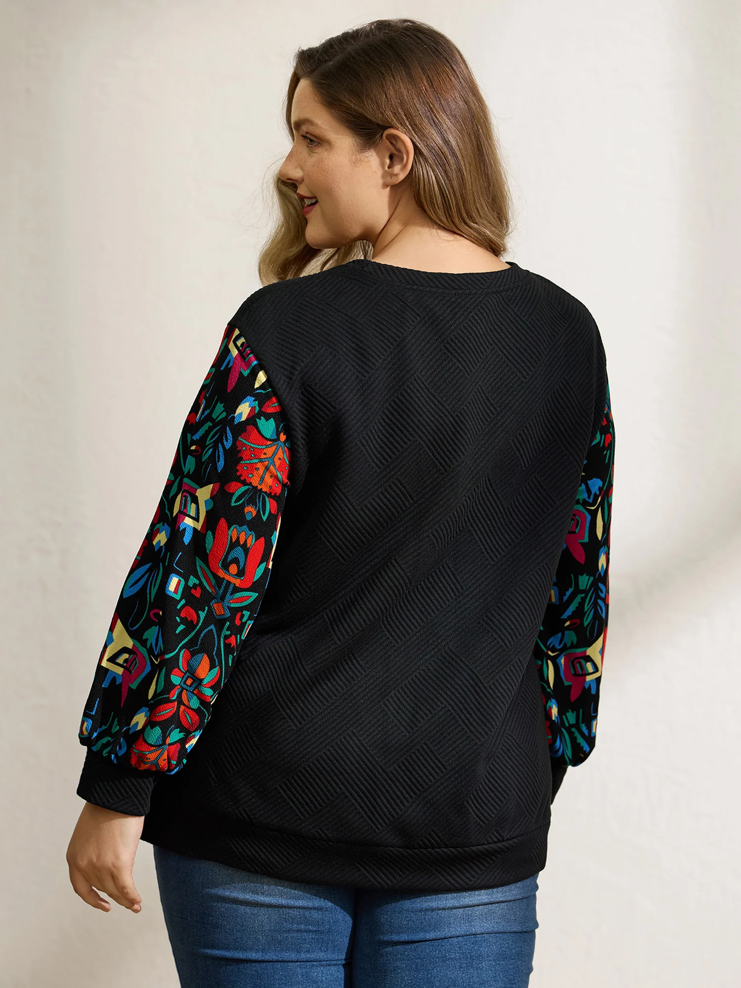 Floral Sleeve Drop Shoulder Textured Sweatshirt - Image 4